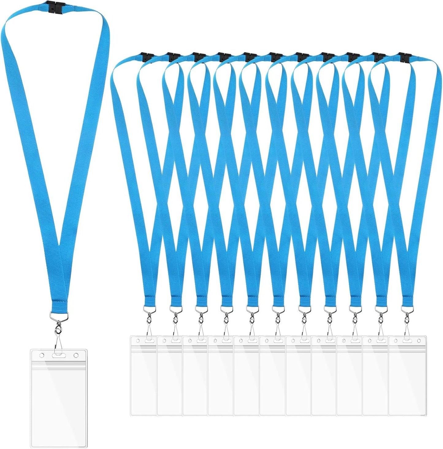 12 Pack Sky Blue Breakaway Lanyards with Waterproof Badge Holders, Metal Hook, Polyester Neck Straps for ID Cards, Events, Office, and Schools