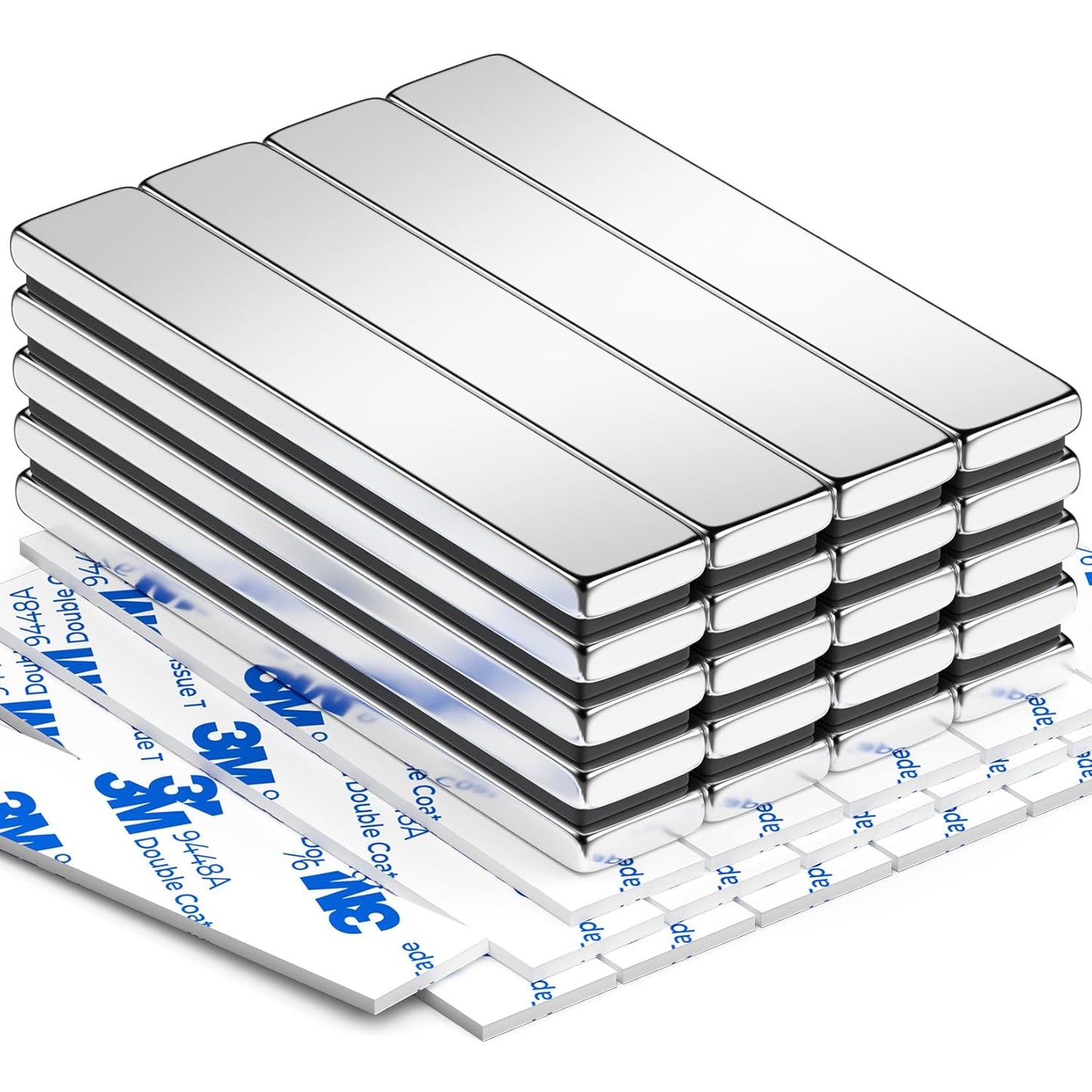 Grtard 20 Pack Neodymium Magnet Bar, Strong Rare Earth Magnets with Double-Sided Adhesive, Magnet Strips Heavy Duty Perfect for Fridge, Garage, Kitchen, Science, Craft, Office, DIY - 60 x 10 x 3 mm