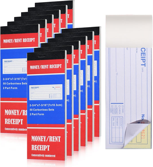 12 Pads Money and Rent Receipt Book 2.75 x 7.2 Inch Receipt Log Book Bound Cover 2 Part Carbonless Receipt Book with Carbonless Copies 50 Sets Per Book