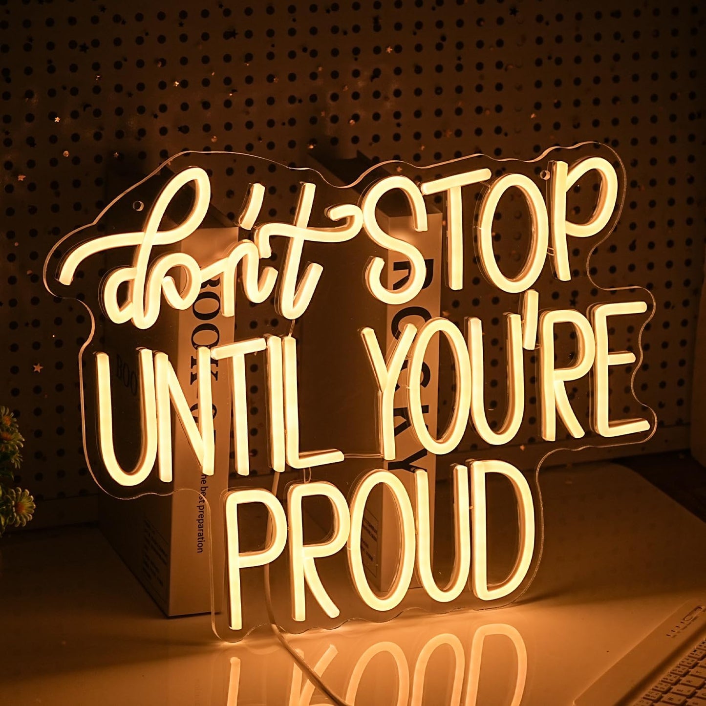 Don't Stop Until You Are Proud Neon Sign Warm White LED Neon Light Dimmable USB Powered Letters LED Light Signs for Bedroom Office Classroom Living Room(16.5 * 12.6In)