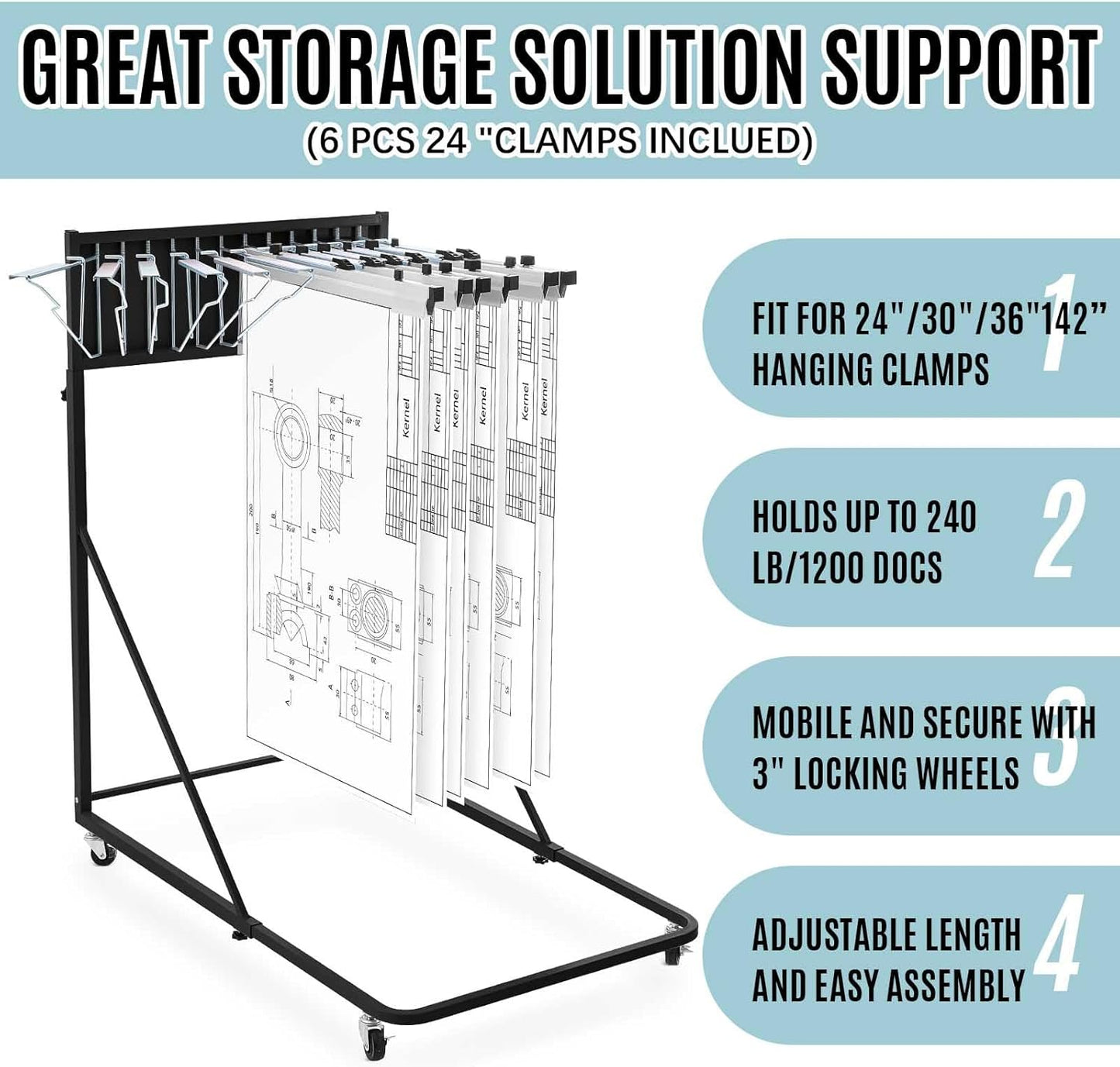 Estune Mobile Blueprint Holder Rack, Adjustable Mobile Blueprint Holder with 6 30 In Hanging Clamps 4 Wheels Poster Display Rack Storage Organizer Stand for File Display Plan Office Home(Black)