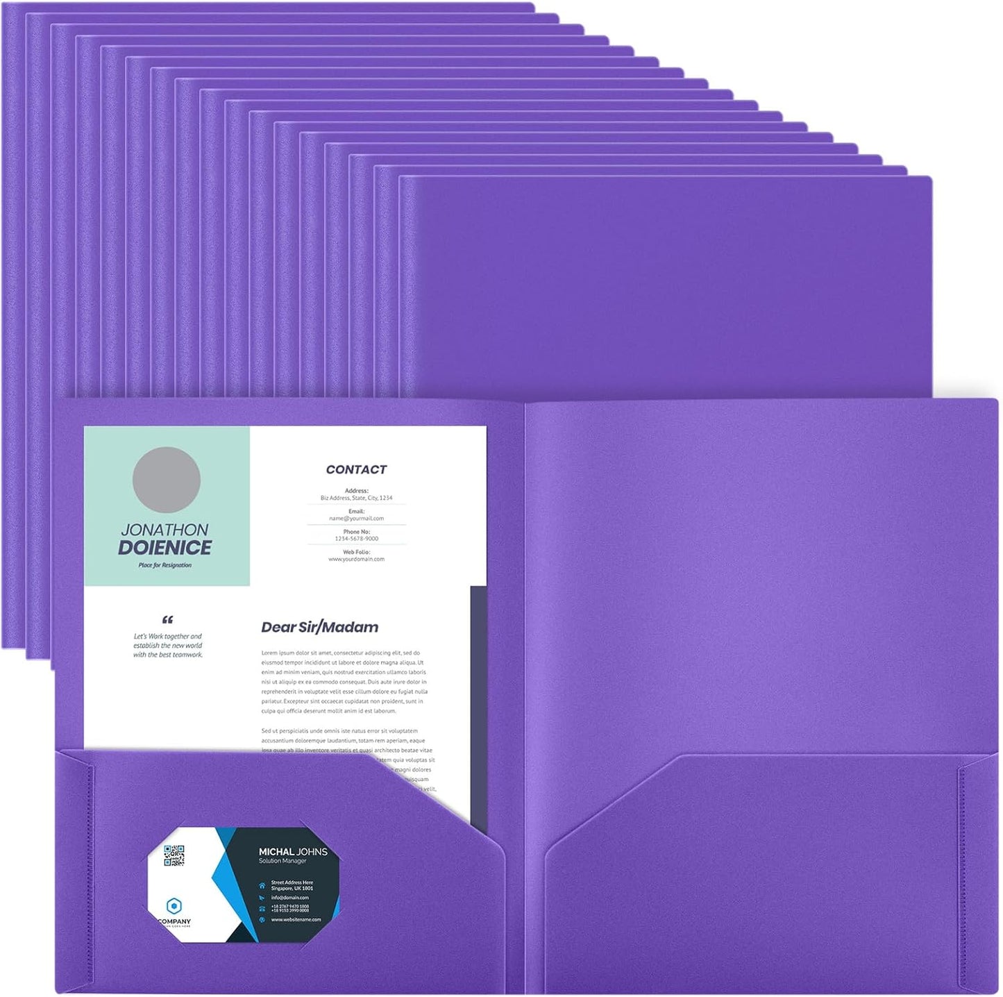 Gueevin 50 Pcs Plastic Folders with Pockets, Back to School Two Pocket Folder Fit Letter Size, Heavy Duty School Business Card Holder for Home Office, 11. 61 x 9. 45 Inches (Purple)
