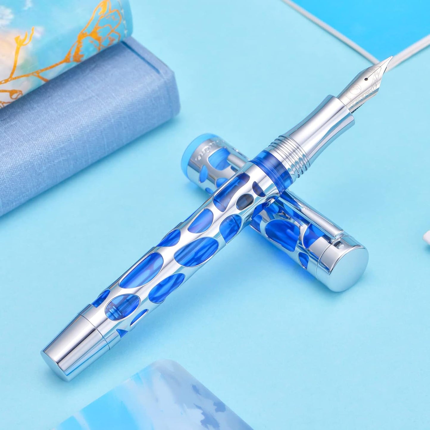 Asvine V169 Vacuum Filling Fountain Pen Extra Fine Nib, Water Drop Skeleton Transparent Blue Acrylic Pen Case Set