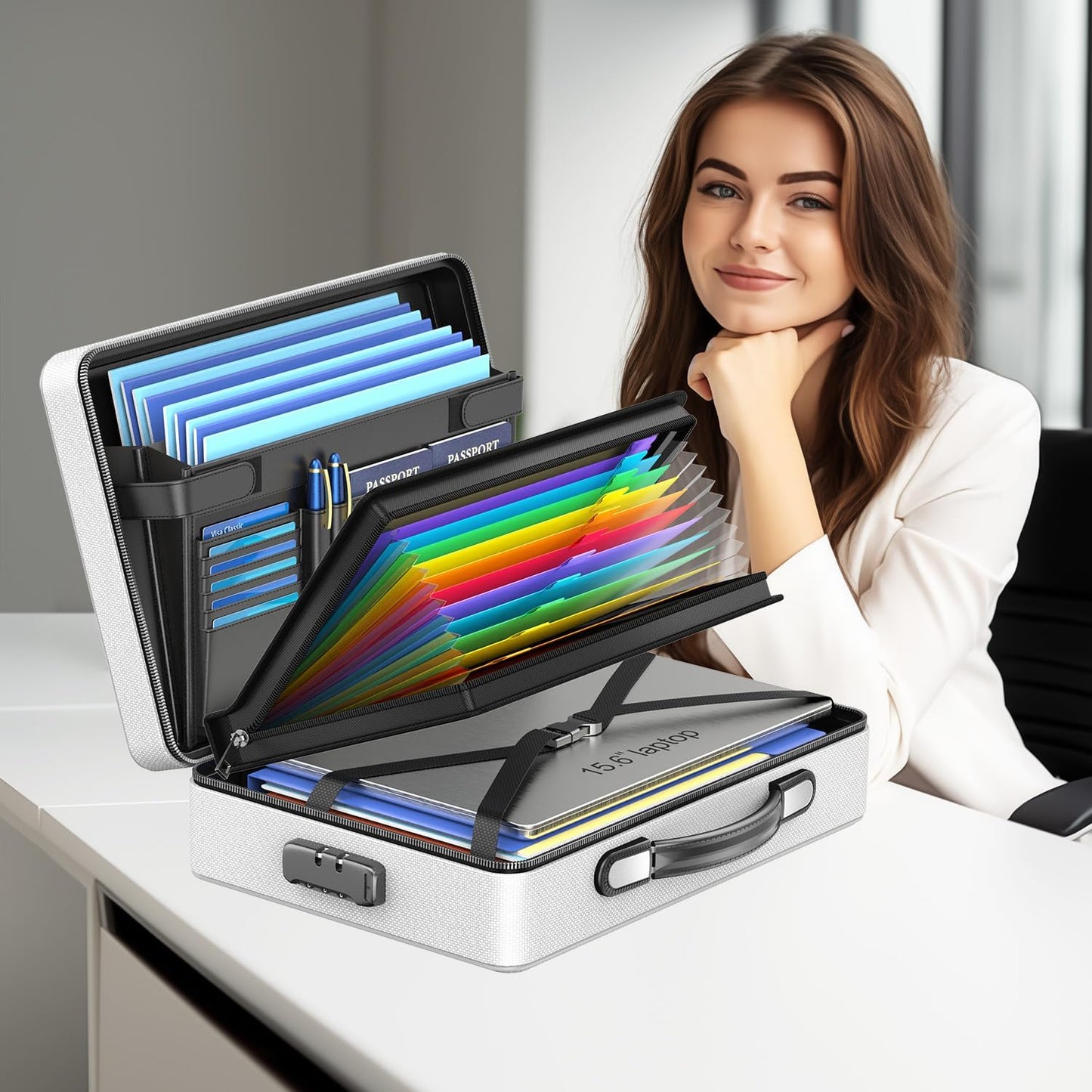 Fireproof Document Box with Fireproof Zipper, Hard Inner Shell Fireproof Document Bag with Lock, Fireproof Water Resistant Important Document Organizer 16 inch Laptop File Briefcase (Silver)