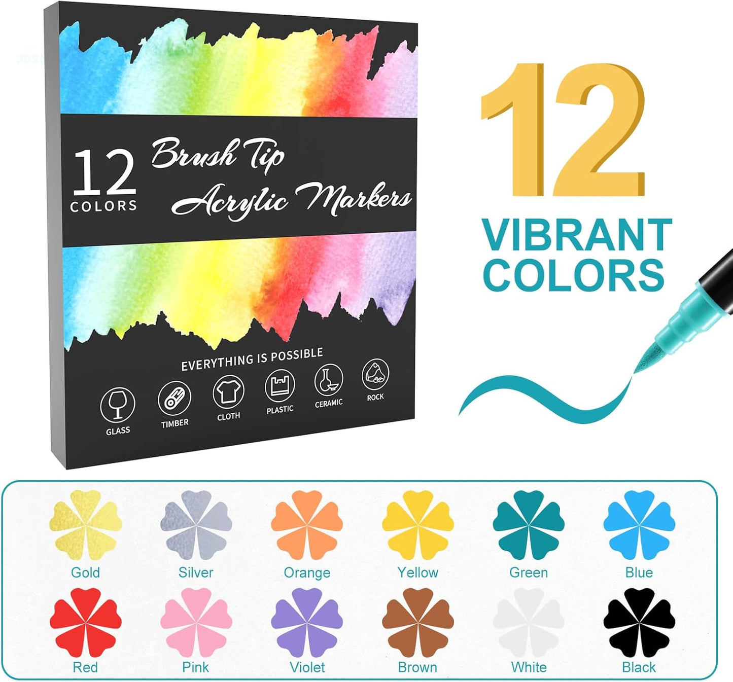 12 Colors Acrylic Paint Markers, Waterproof Dual Tip Acrylic Paint Pens with Brush and Fine Tip, Markers Set for Paper, Rock, Wood, Canvas, Glass, Ceramic and DIY Crafts Making Art Supplies