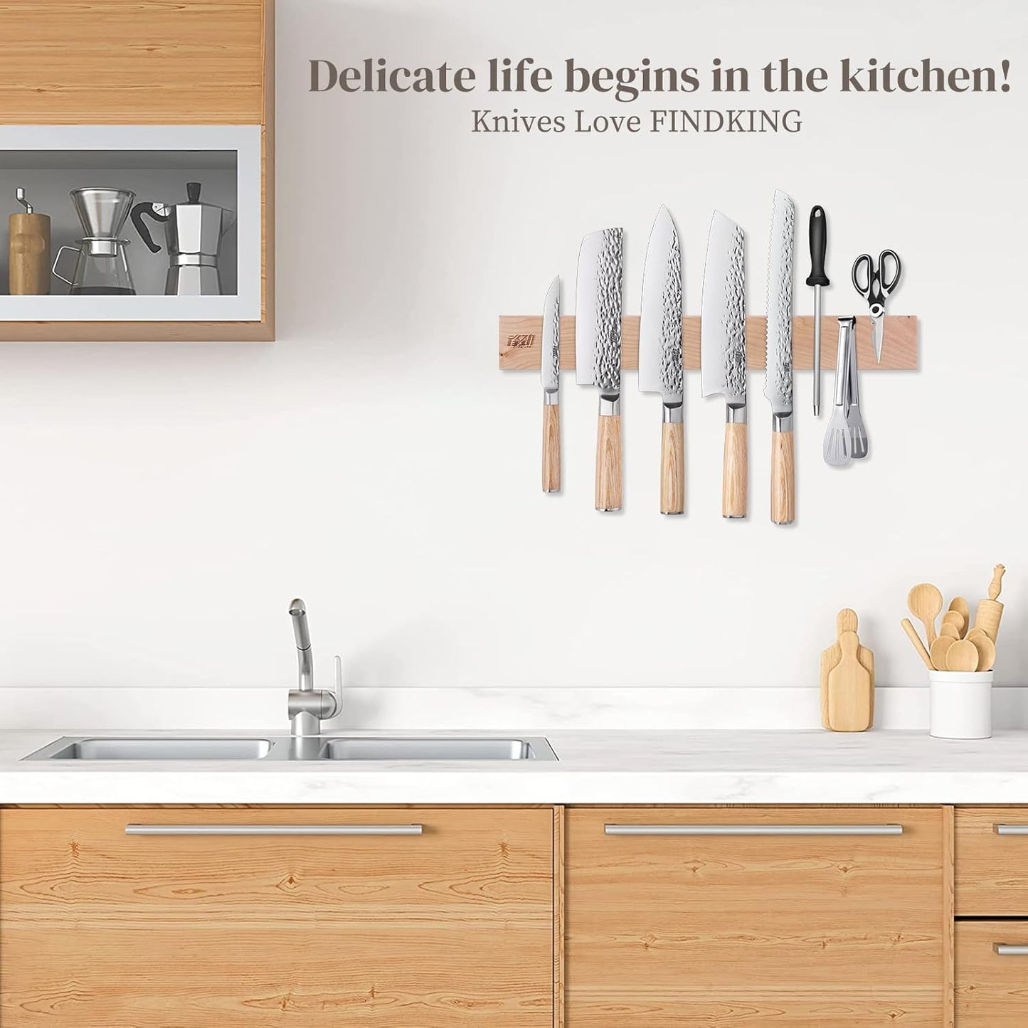 FINDKING Wood Magnetic Knife Strip, Magnet Utensil Holder for Wall, Refrigerator, Wooden Rack for Kitchen Knives, No Drill (Beige, 18 Inches, Without Knives)