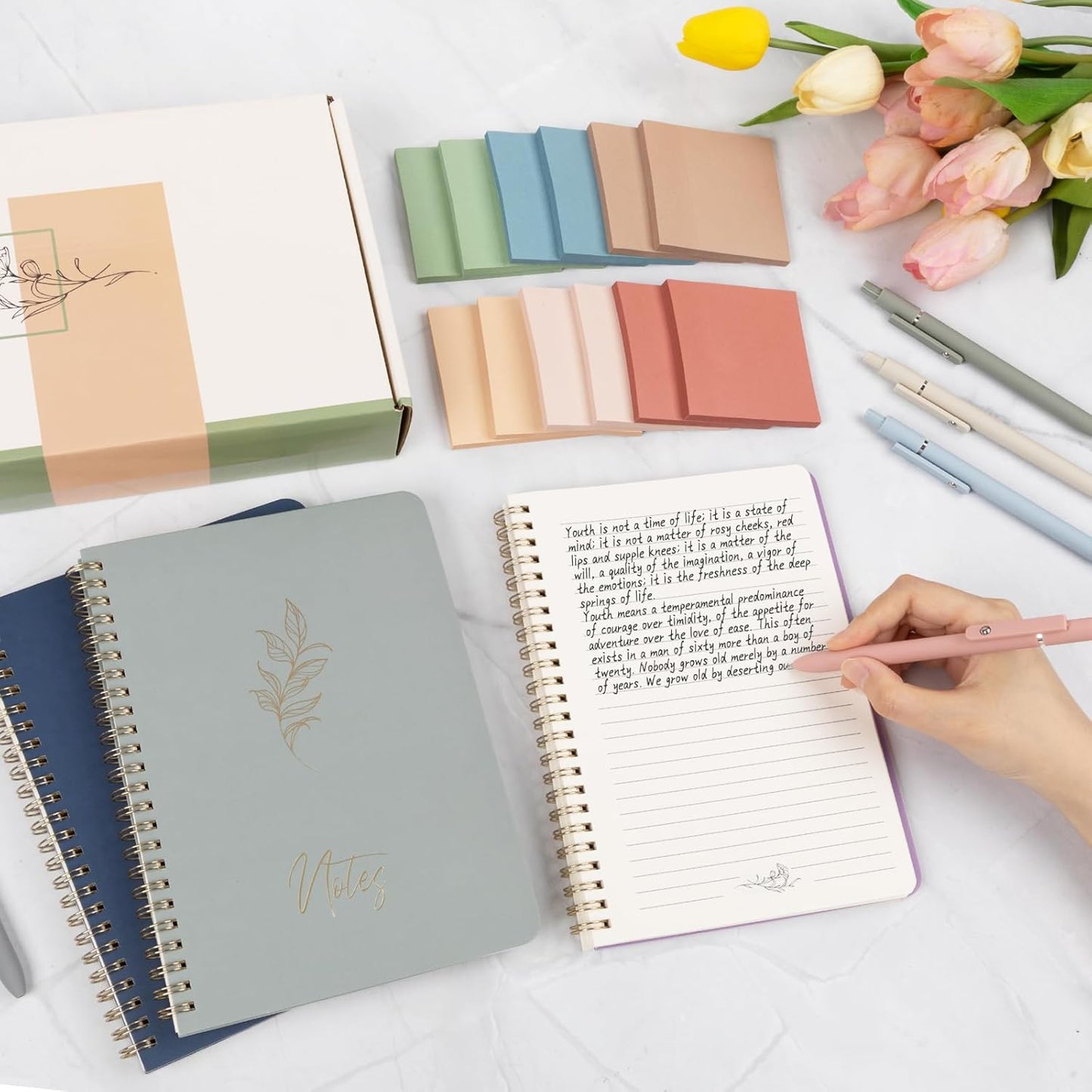 Cute Spiral Notebook Set For Women, Bible Journal Set, 3 Pack A5 Spiral Notebook + 5 PCS Gel Pens + 600 Sticky Notes + Gift Box, Aesthetic Gift Set for Work Students School Office Supplies