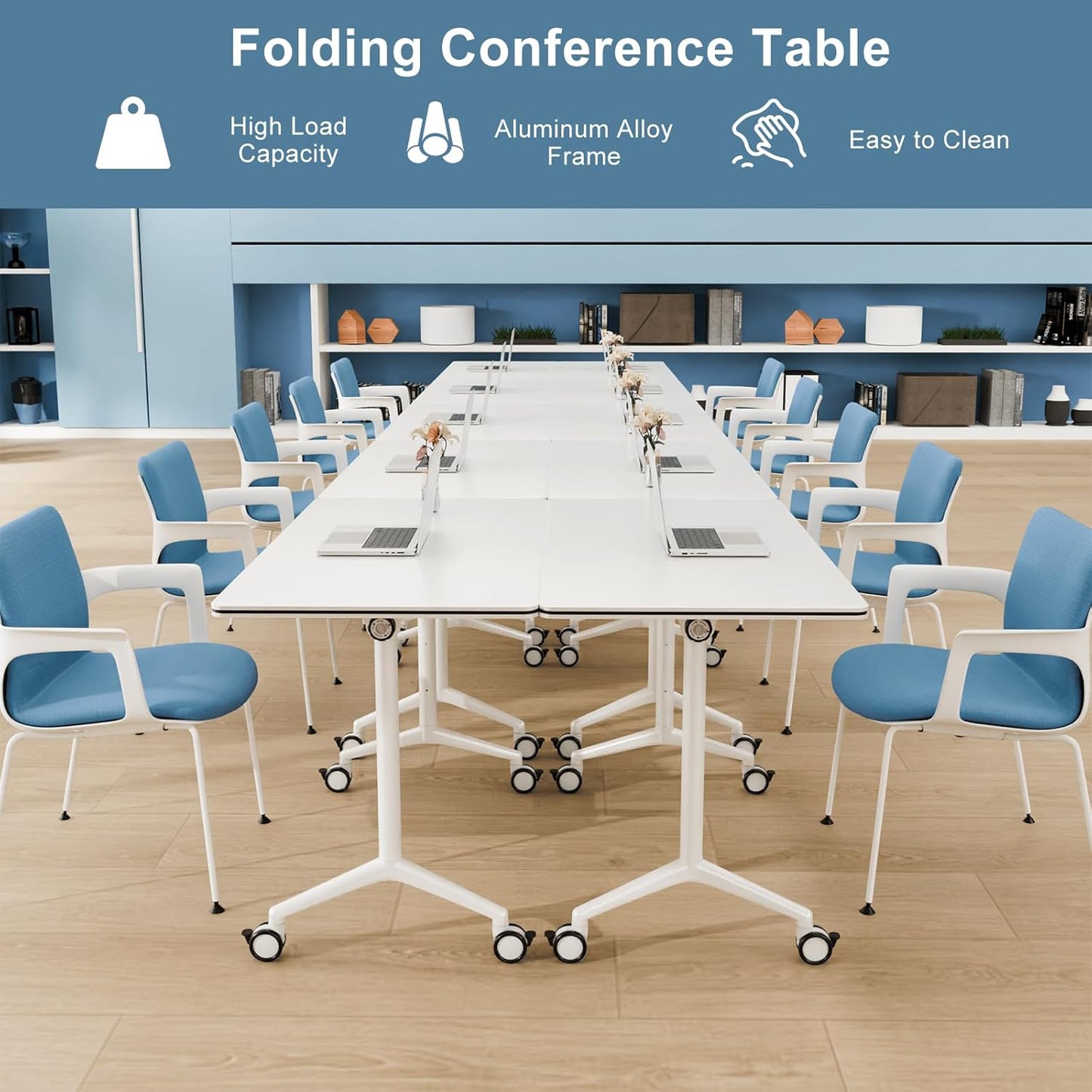 10Pack Folding Conference Room Table, Modern Conference Tables with Silent Wheels, Large Rectangular Mobile Training Tables for Office Classroom, Foldable Modular Seminar Table White (L70.9in)