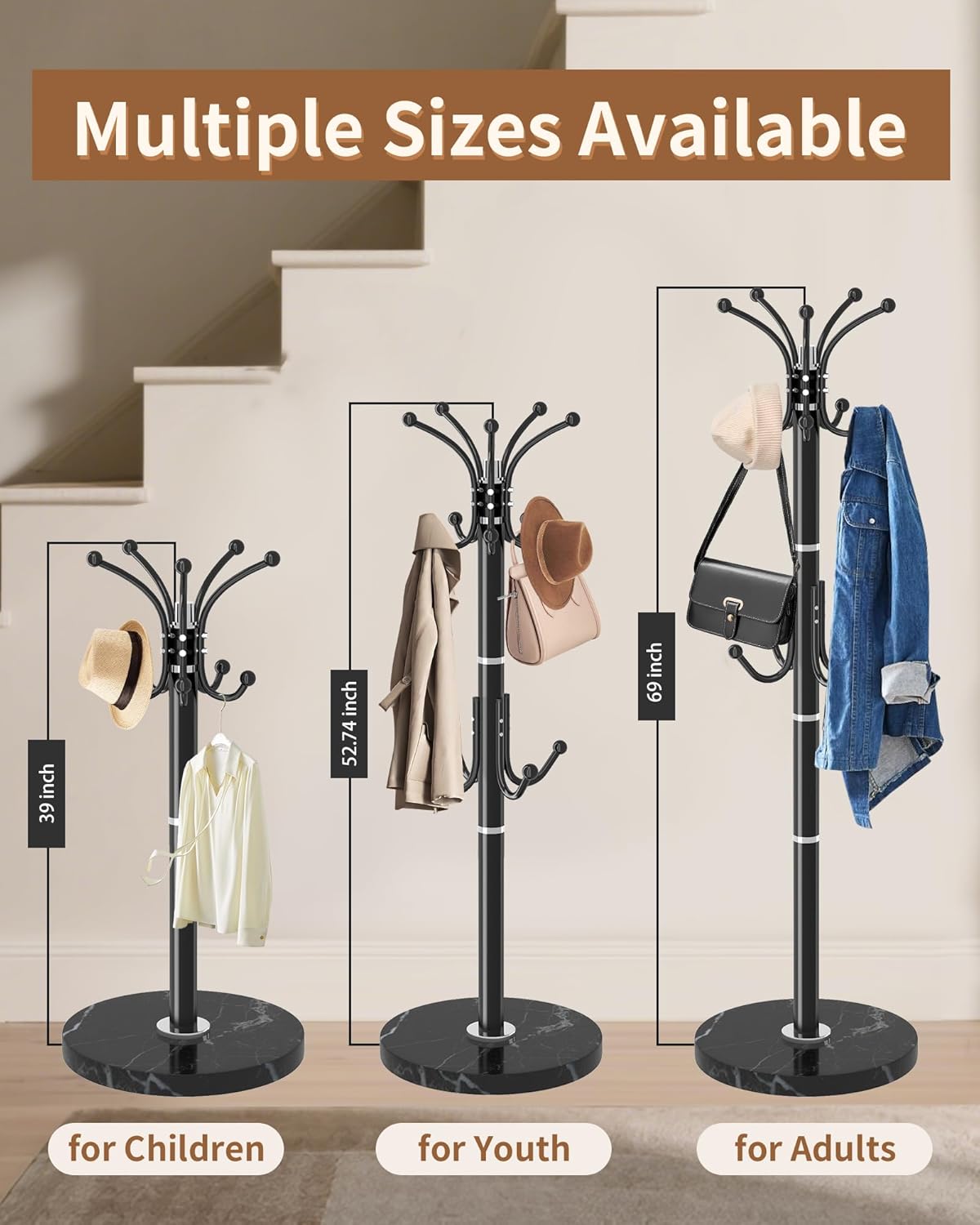 EZIVIEZ Modern Coat Rack Stand, 360° Rotary Metal Freestanding Coat Rack with Natural Marble Base, Black Coat Racks and Coat Hanger Tree Jacket Stand with 14 Hooks for Office, Entryway, Hallway