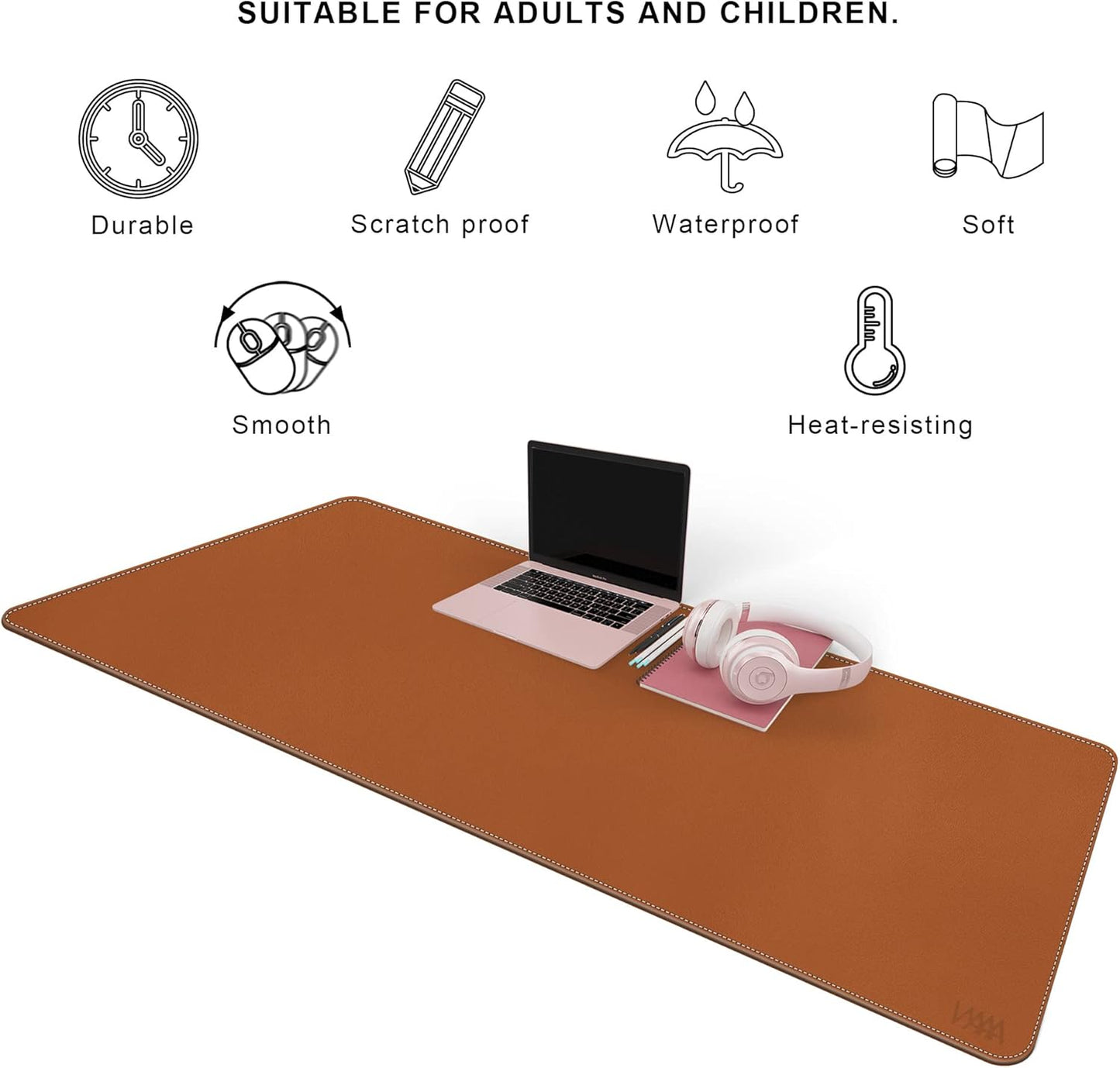 Desk Mat on top of Desks, Vyaaa 55" x 23.6" PU Leather Desk Mat, Large Desk Blotter Pad for Office, Home, Gaming, Computer, Laptop, Keyboard and Mouse - Light Brown