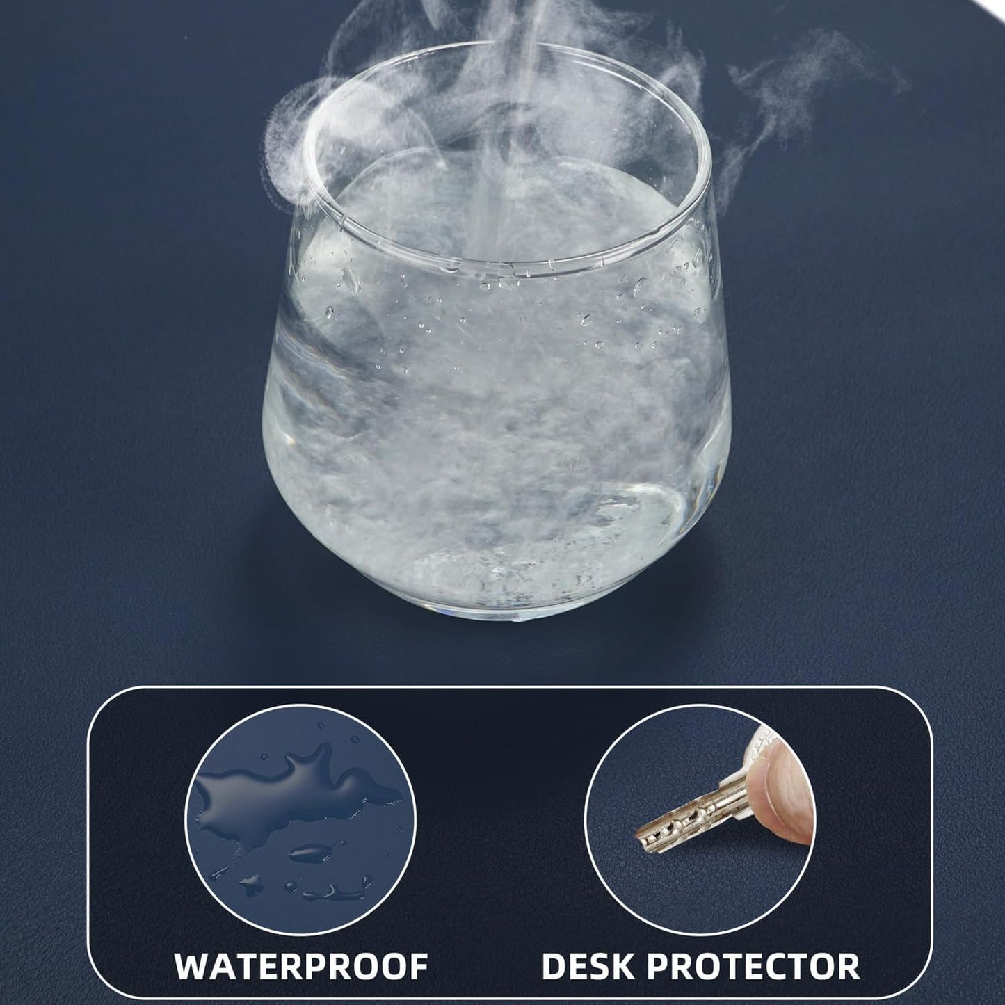 Leather Desk Pad Protector Large Mouse Pad, Stitched Locking Edge Laptop Computer Desk Mat Blotter, Non-Slip Waterproof Durable Writing Pad for Office and Home (Dark Blue, 80 x 40cm)