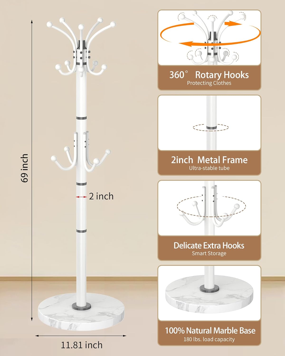 EZIVIEZ Modern Coat Rack Stand, 360° Rotary Metal Freestanding Coat Rack with Natural Marble Base, White Coat Racks and Coat Hanger Tree Jacket Stand with 14 Hooks for Office, Entryway, Hallway