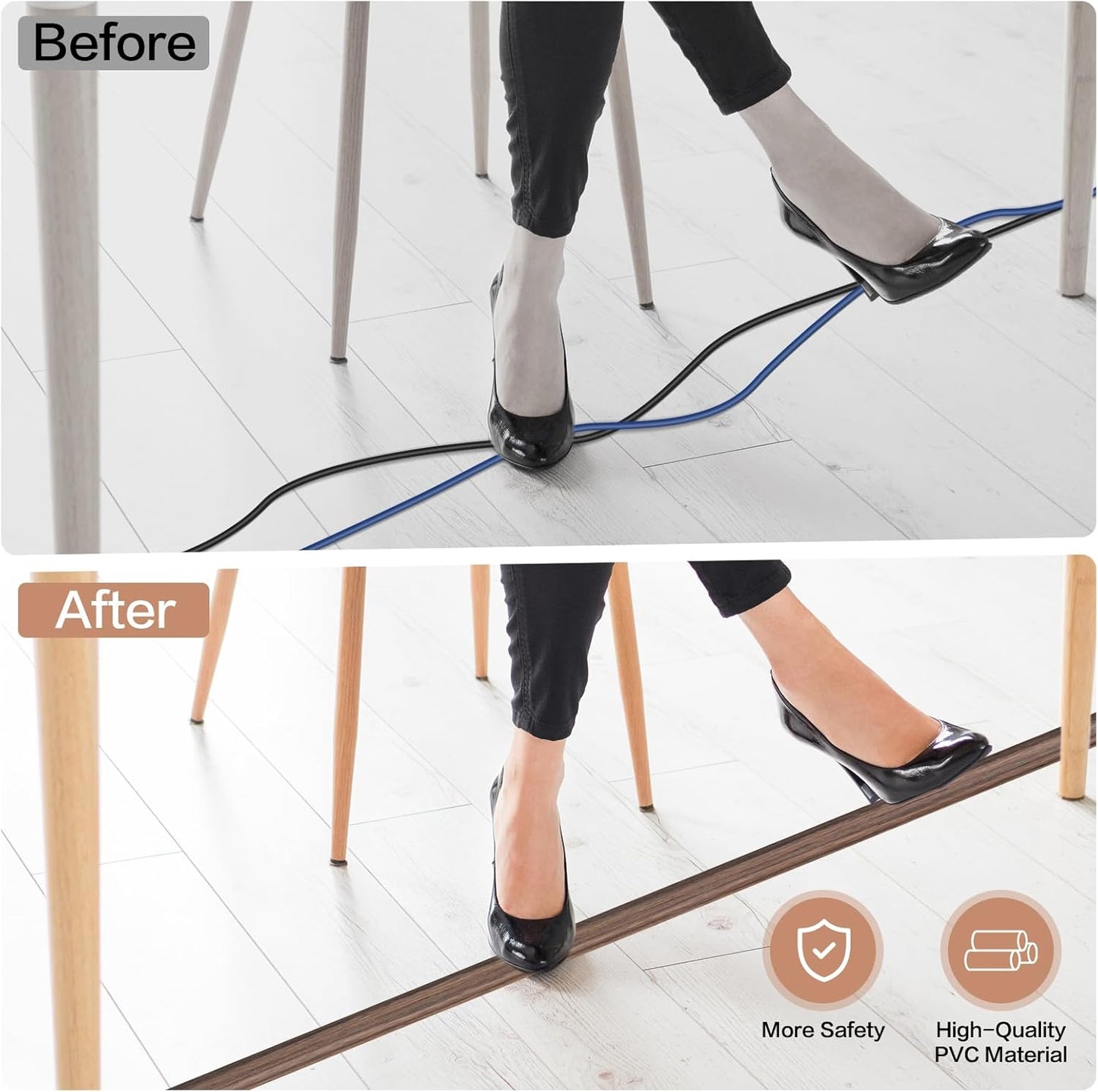 Floor Cord Cover Self Adhesive Cord Hider Floor Extension Cord Covers for Floor Power Cord Protector Cable Management Prevent Cable Trips Cable Cavity 0.47" W x 0.27" H (Smoked Brown Wood, 3.3Ft)