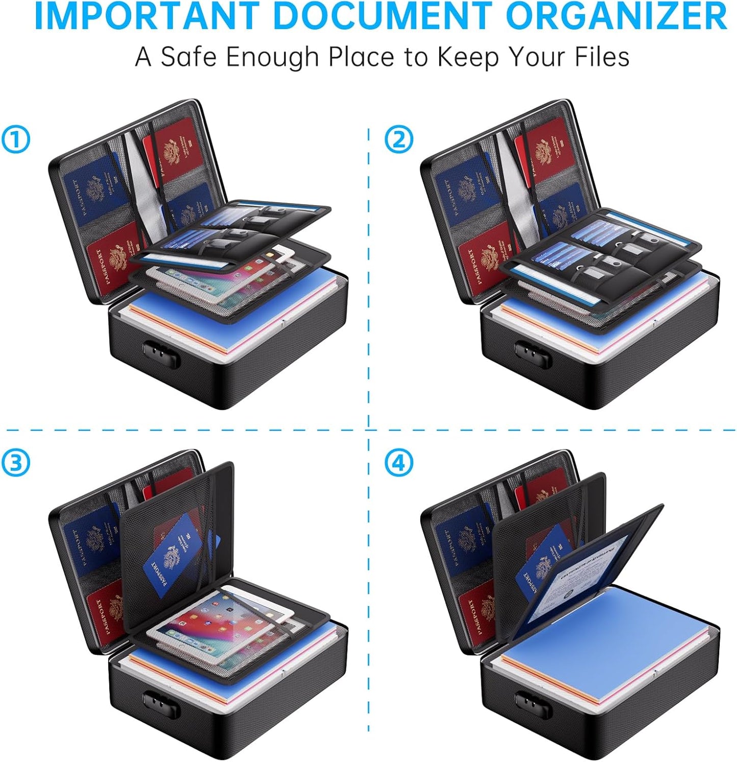 ENGPOW 5200°F Fireproof Document Bag with Lock, Upgraded Heat Insulated Fireproof Box 8 Layers File Organizer, Portable Home Travel Safe Storage for Important Documents,Passports,Laptop, Black(Soft)