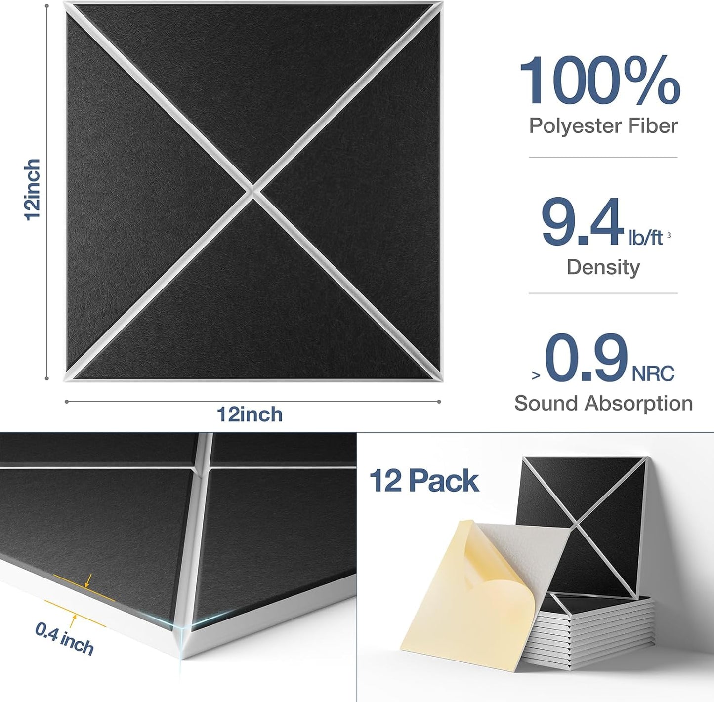 12 Pack Self-Adhesive Acoustic Panels, 12" X 12" X 0.4" X-Line Sound Proof Foam Panels for Walls, Soundproof Wall Panels for Home & Office (Black on White)