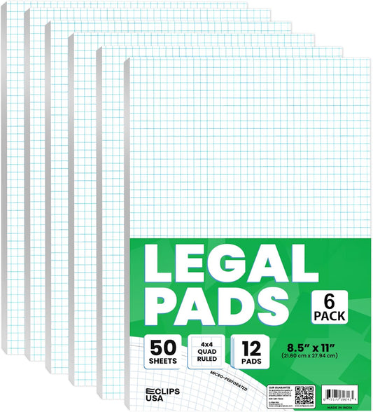 E-CLIPS USA Graph Paper Pad, Graph Paper Notebook, 4 x 4 An Inch Quad Ruled Graph Paper Pad, Graph Paper Pads 8.5 x 11, Drafting Paper, 50 Sheets Per Pad (6 Pack)