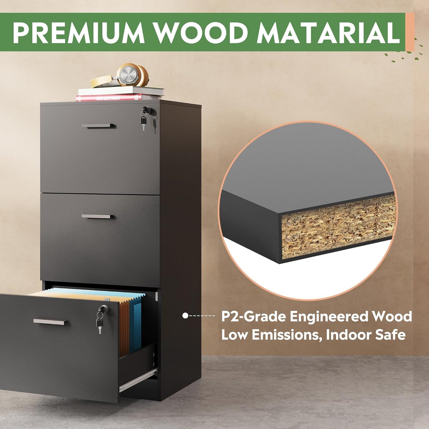 DEVAISE 3 Drawer File Cabinet with Lock, Vertical Wood Filing Cabinet for Home Office, Printer Stand for Letter and A4 Size, Black