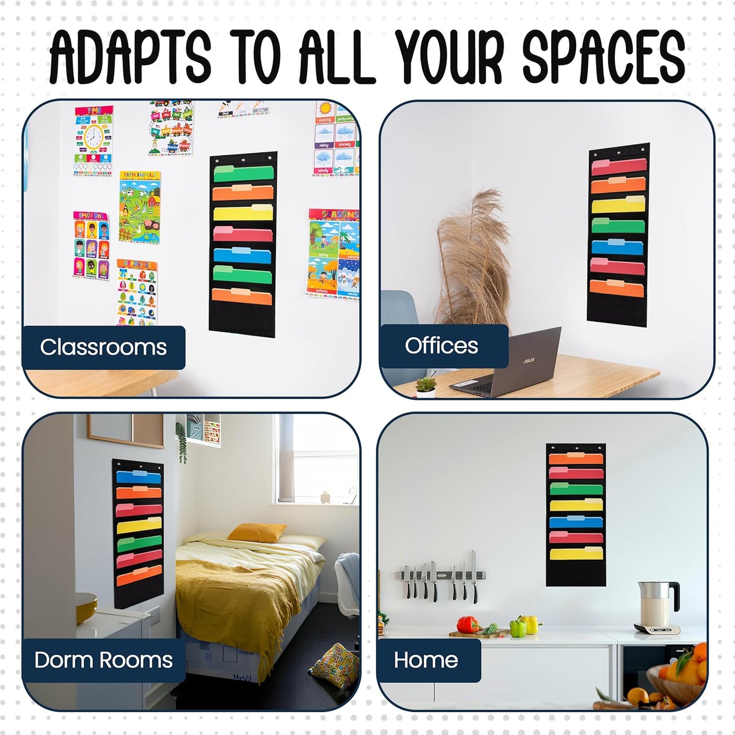 Essex Wares - 7 Pocket File Pocket Chart, Black, Tall - Versatile Wall Hanging File Folder Organizer for Classroom, Office, Home, and More - Wall Folder Organizer - 7 Pockets