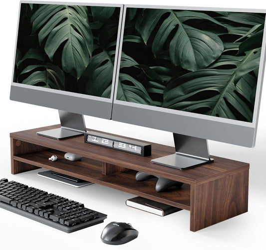 Fenge Monitor Stand, 31.5 Inch Computer Monitor Riser for Desk, 2 Tiers Wood Desk Shelf with Storage, Desktop Organizer for PC, Laptop, Screen, Printer