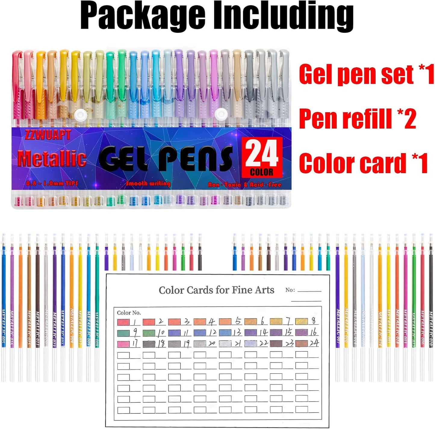 Metallic Gel Pens for Coloring Book,72 Color Gel Pens Set including 24 Color Gel Pen with 48 Refills,40% More Ink Colored Gel Pens for Drawing, Doodling, Scrapbook, Journaling