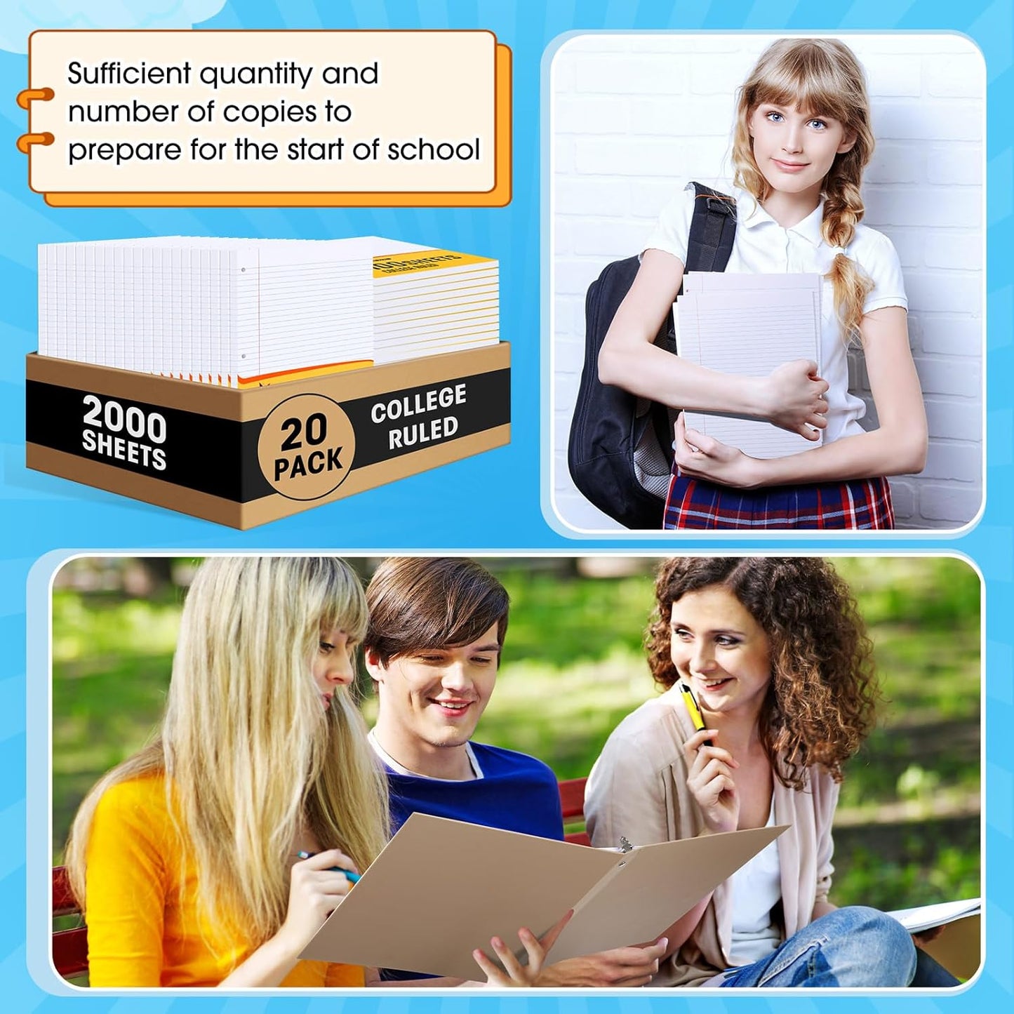 Fainne 20 Pack Notebook Paper Bulk College Ruled 8 x 10.5'' College Ruled Loose Leaf Paper Bulk Notebook Paper Lined Filler for 3 Ring Binders for College School Classroom 100 Sheets Per Pack