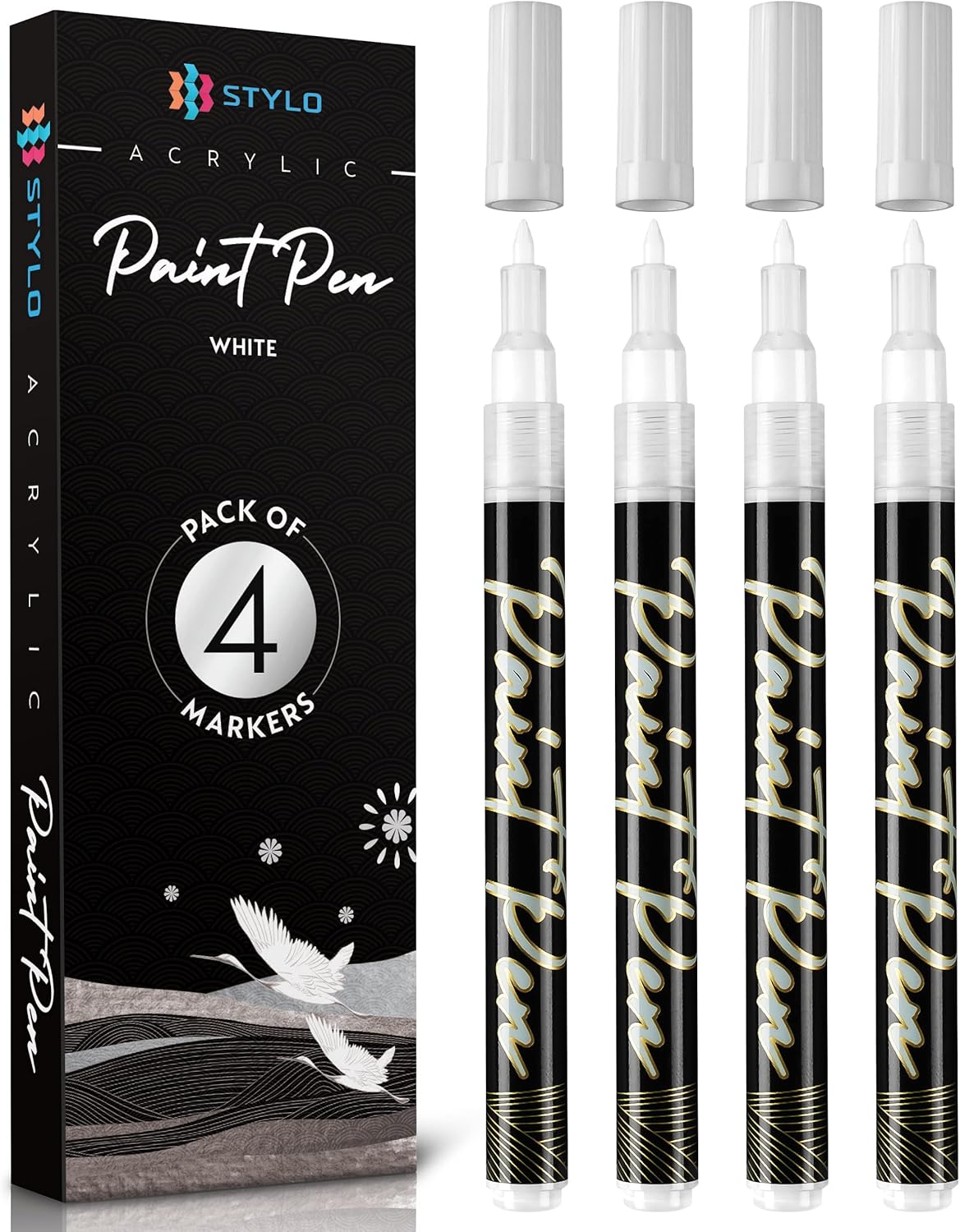 Stylo 4 Count Acrylic Metallic Pens - White Paint Pens - Fine Tip Permanent Acrylic Metallic Paint Markers for Rock Painting, Glass, Wood, Ideal for Arts and Crafts (Pack of 4, White)