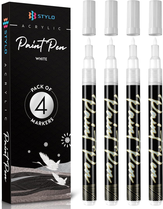 Stylo 4 Count Acrylic Metallic Pens - White Paint Pens - Fine Tip Permanent Acrylic Metallic Paint Markers for Rock Painting, Glass, Wood, Ideal for Arts and Crafts (Pack of 4, White)