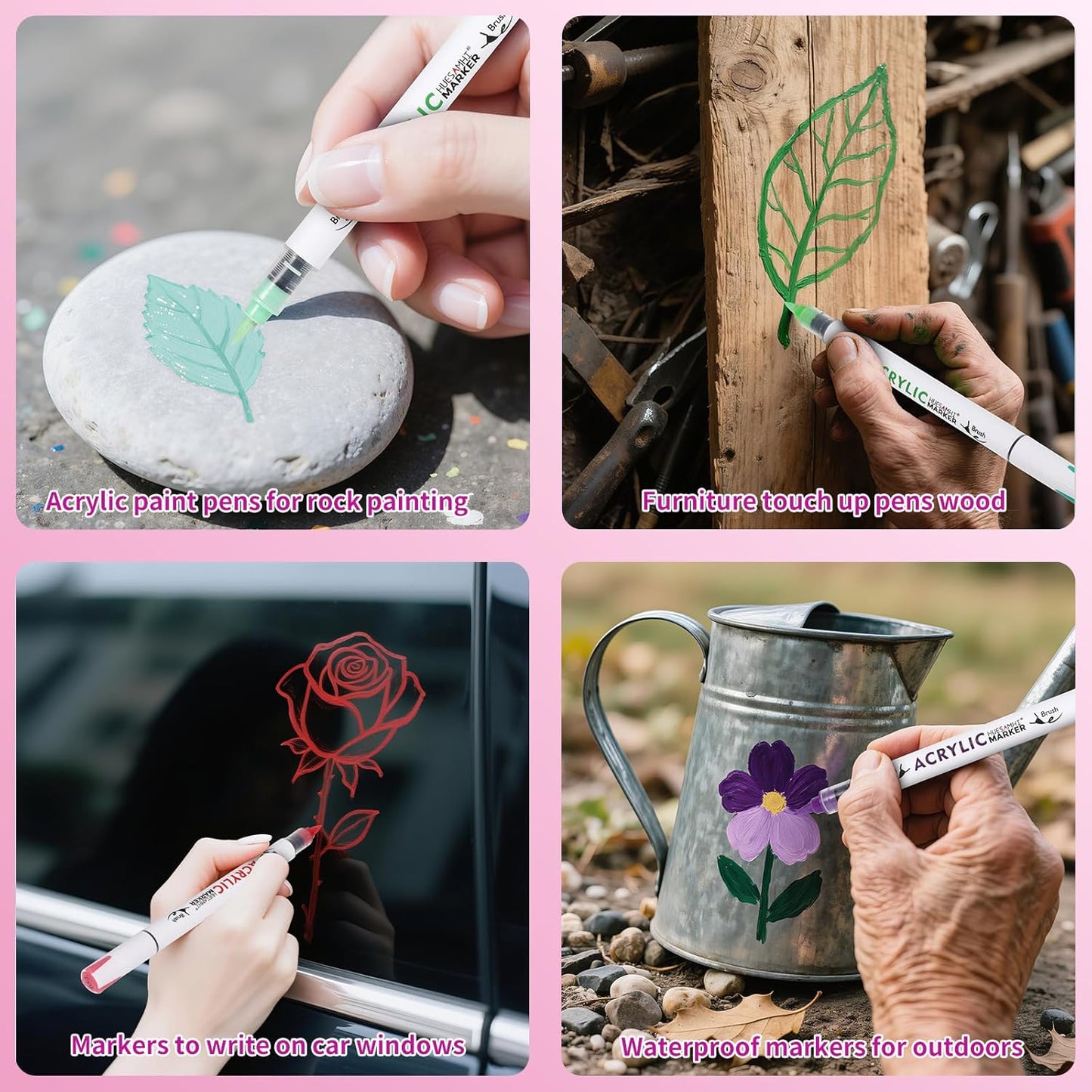 Dual Tip Brush Markers, 4 Pack Double Ended Acrylic Paint Pens - Permanent Water-Based for Rock Painting, Wood, Metal, Ceramic, Glass, Crafts & Kids Art Assorted Colors