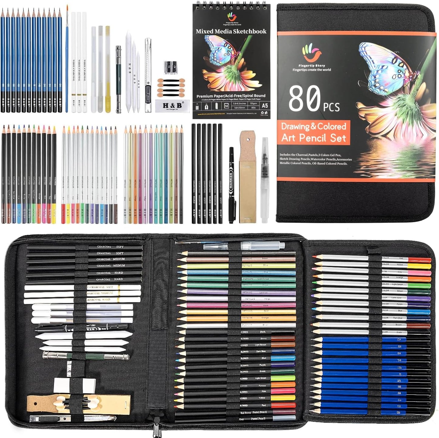 H & B 80-Pack Colored Sketching Art Pencil Set with 3-Color Sketchbook and Coloring Book - Includes Graphite, Watercolor, Metallic, and Oil-Based Colored Pencils