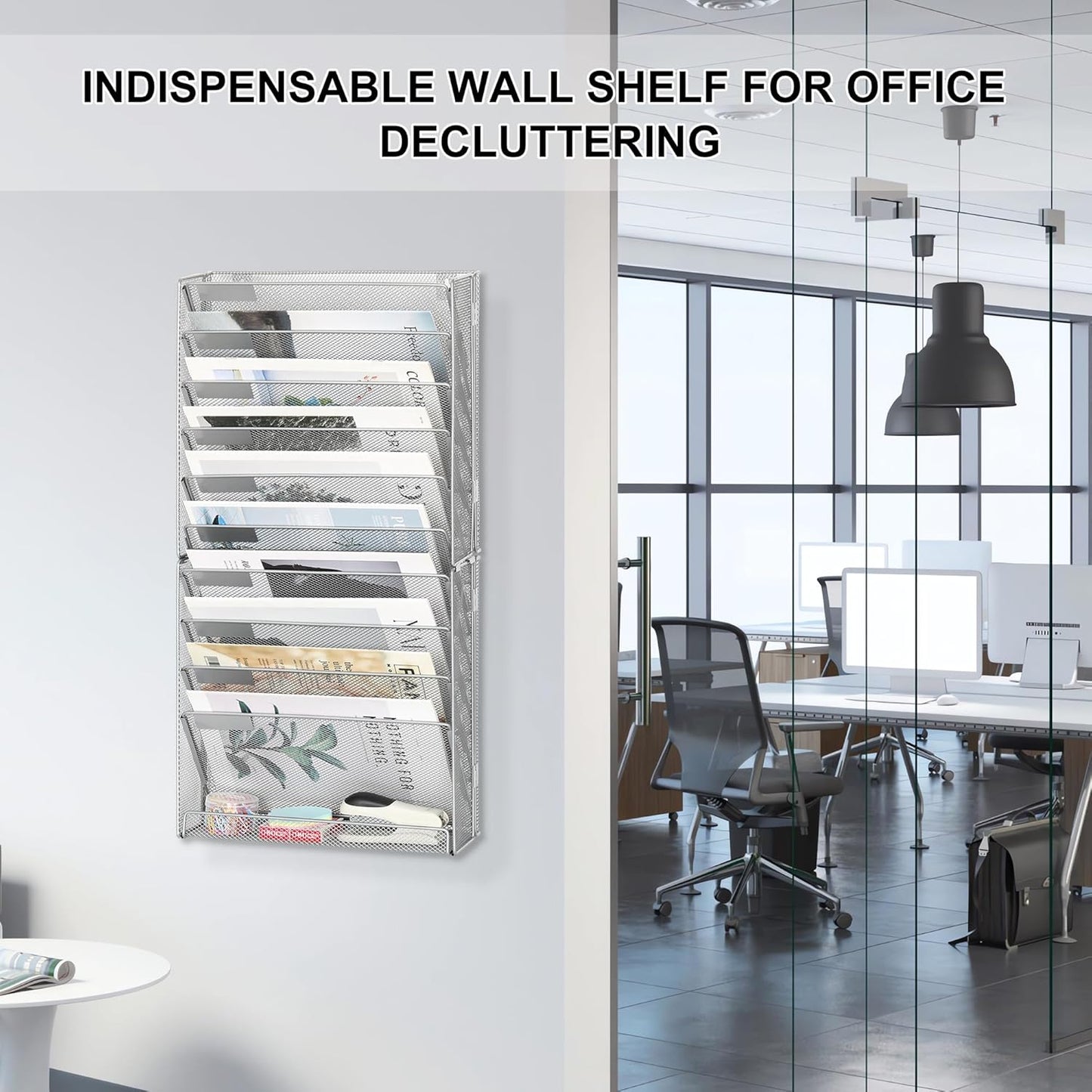 EasyPAG 11 Tier Wall File Holder with Flat Tray, Silver | Easy Assemble Mesh Desk File Organizer | 10-Folder Paper Storage | Replaceable Classify Labels | Space Saving Mail Organizer for Office Home