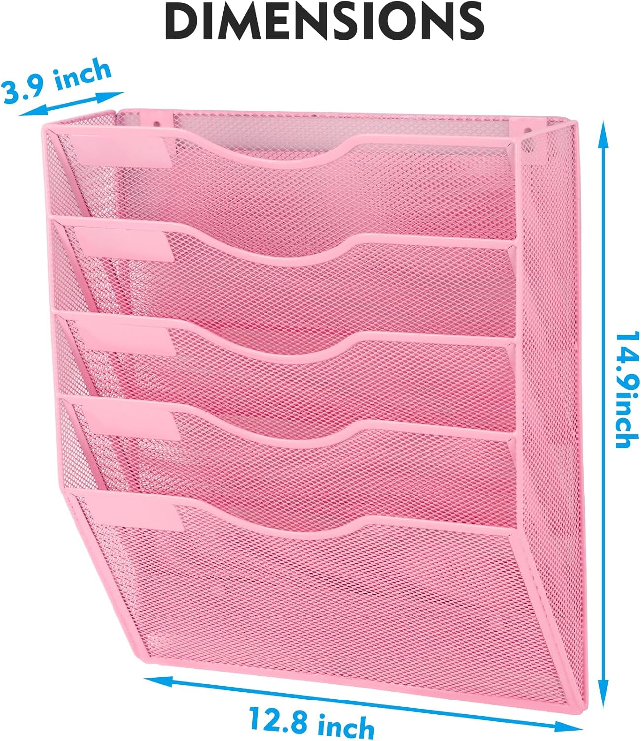 EASEPRES Magnetic 5 Pocket Mesh Hanging File Organizer, Wall Mounted Mail Paper Document Folder Holder, Clipboard Storage Organization Magazine Rack with Nametag Label for Office Home School, Pink