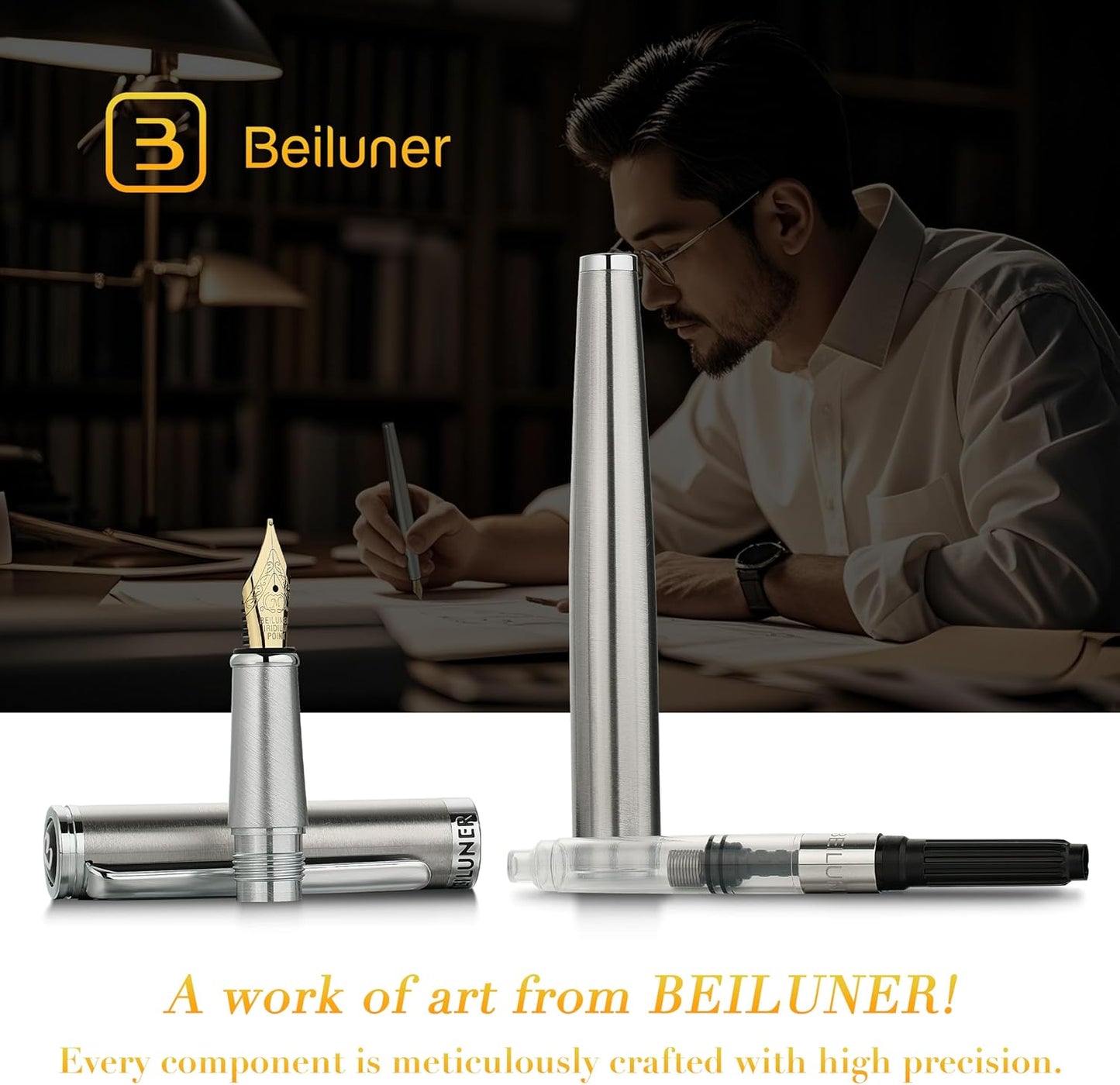 BEILUNER Luxury Fountain Pen Set, Solid 24K Gilded Medium Nib, Silver Stainless Steel Body- Includes 6 Ink Cartridges & Ink Refill Converter with Gift Case - Nice pen for Men and Women