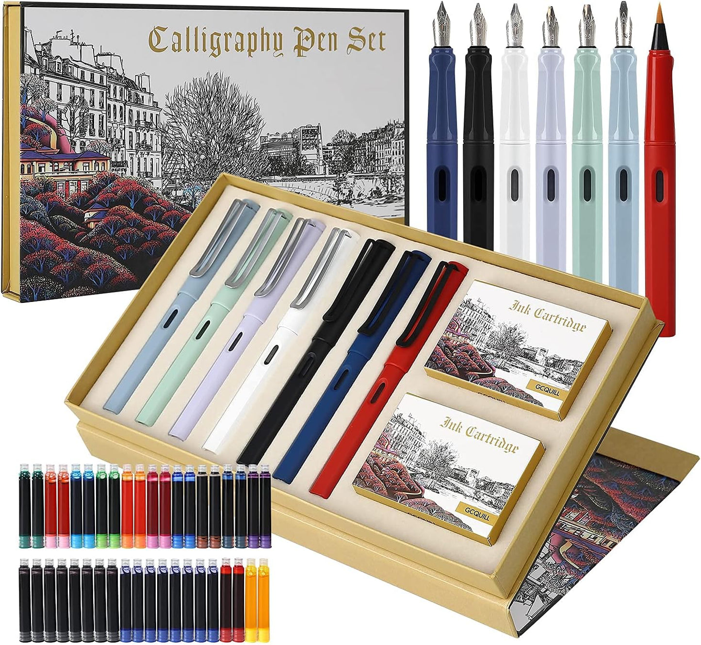 GC QUILL Calligraphy Fountain Pen Set- 7 with Different Nibs and 40 Ink Cartridges for Beginners- MU-09
