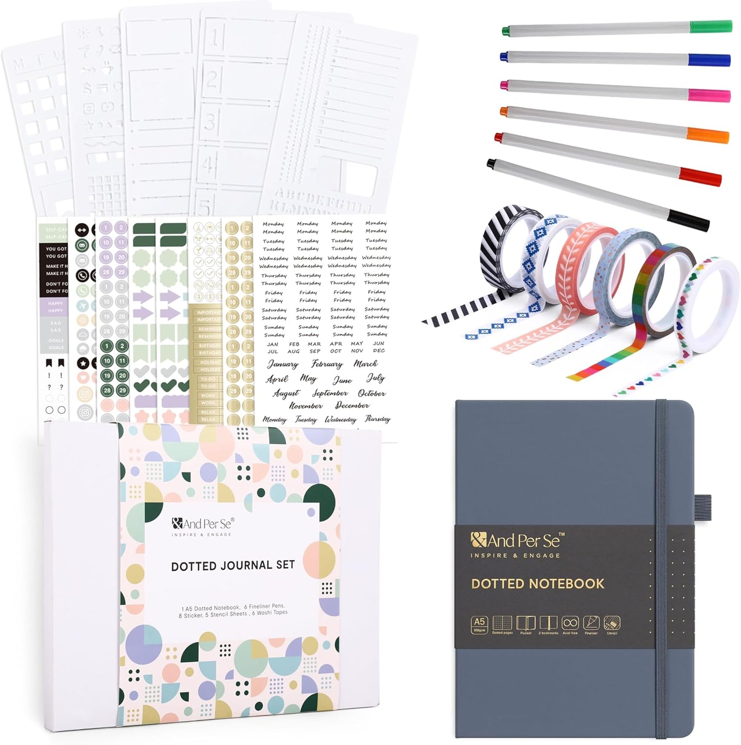 &And Per Se Dotted Journal Notebook Set, A5 Hardcover Dotted Journal (Dark Blue), 6 Fineliner Pens, 8 Sticker, 5 Stencil Sheets & 6 Washi Tapes, Journaling Supplies for Planner Schedule