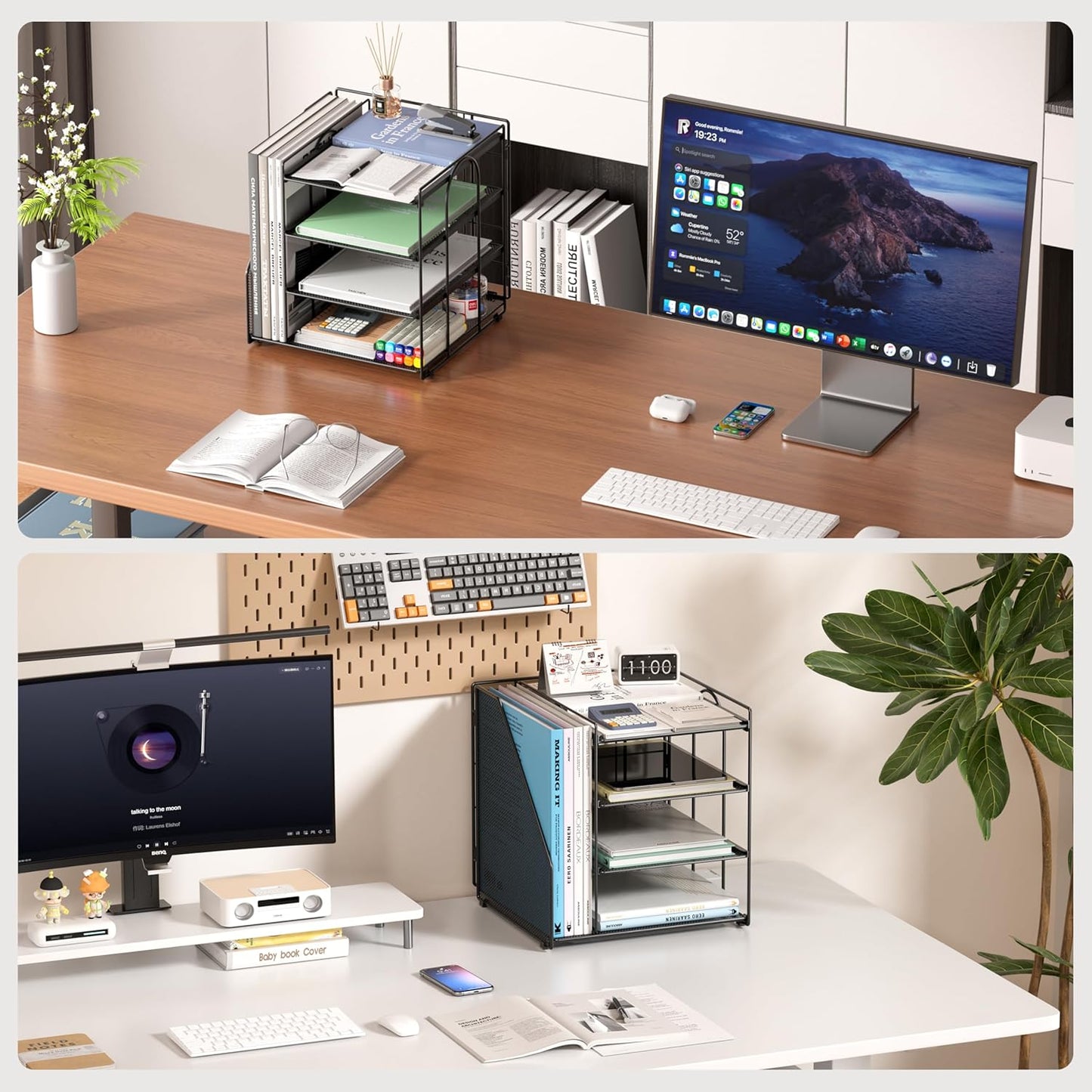 Desk Organizer and Accessories, Paper Organizer for Desk, 4-Tier Paper Letter Tray with File Holder, File Organizers for Office Supplies (Black)