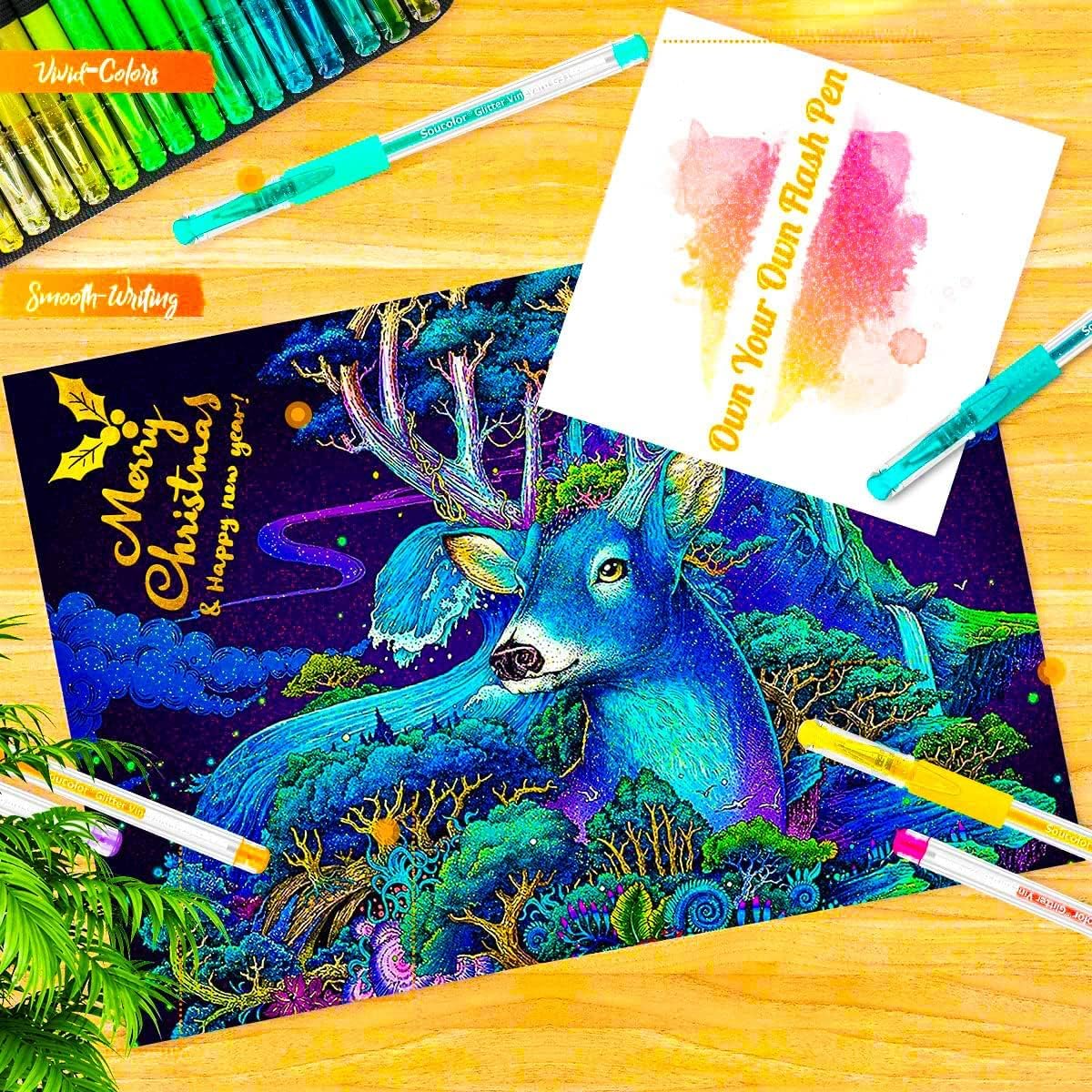 Soucolor Cute Office School Supplies Gifts for Women Teen Girl Birthday, 120 Pack Glitter Gel Pens-60 Glitter Pens, 60 Refills and Travel Case, Japanese Stationary Nurse Cool Gifts for Coworkers