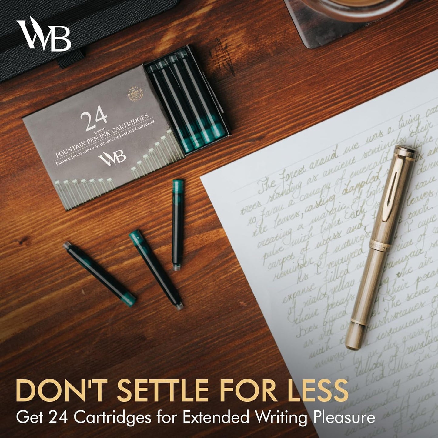 Wordsworth & Black 24 Pack Fountain Pen Ink Refills - Set of 24 Green Ink Cartridges - International Standard Size - Length APPR 2.3" - Base Diameter APPR 0.24" - Disposable and Generic