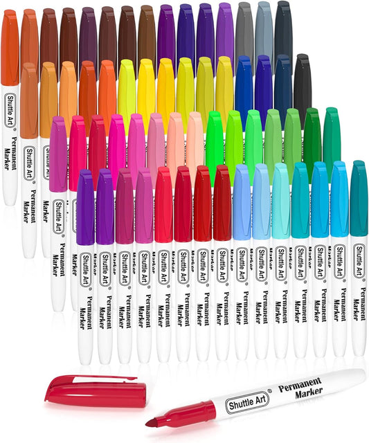 Shuttle Art 60 Colors Permanent Markers, Fine Point, Assorted Colors, Works on Plastic,Wood,Stone,Metal and Glass for Doodling, Coloring, Marking