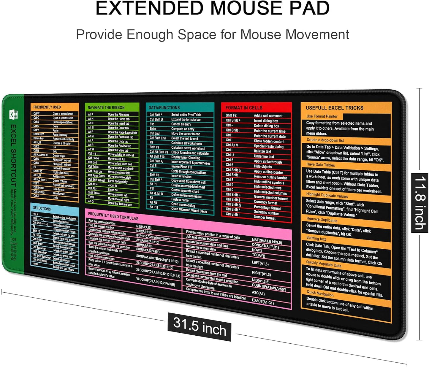 Auhoahsil Large Mouse Pad, XXL Gaming Mousepad, Desk Mat for Desktop, Thick Rubber, Big & Long Size, Stitched Edges, Full Desk Pad for Laptop & Computer, Extended 31.5 x 11.8 in, Excel Shortcut Keys