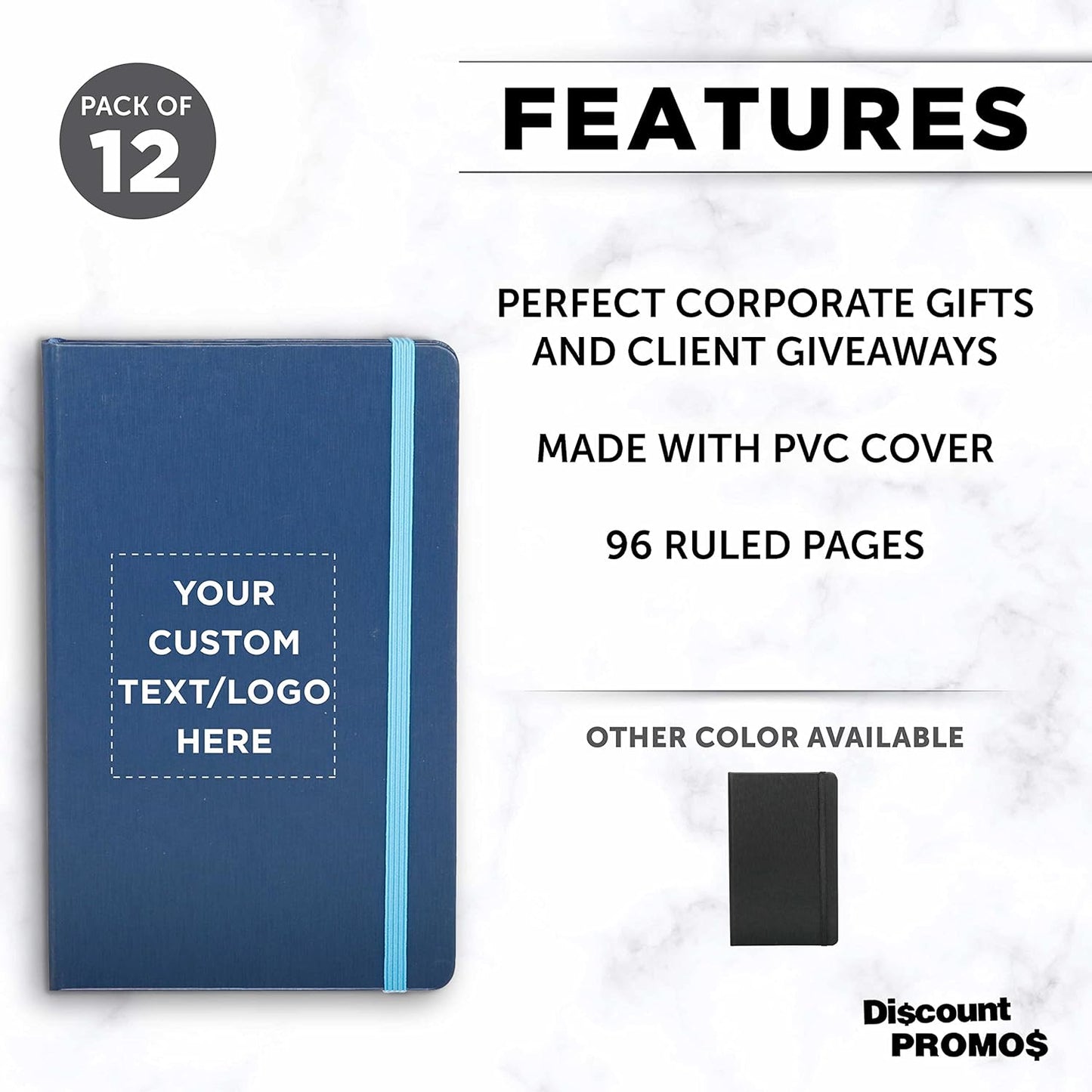 DISCOUNT PROMOS Custom Hardcover Notebook Journals with Elastic Colored Band Set of 12, Personalized Bulk Pack - Perfect for School, Office, Home - Blue