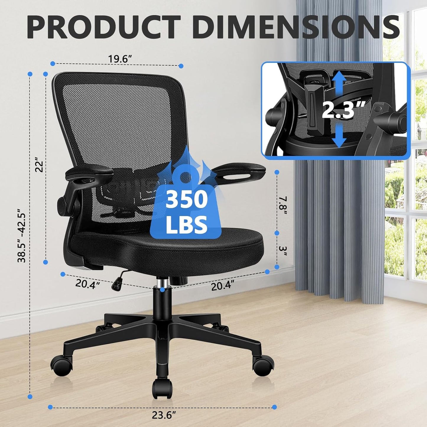 Desk Chairs with Wheels, Ergonomic Mesh Office Chair Adjustable Height and Swivel Lumbar Support Home Office Chair with Flip Up Armrests, Set of 4