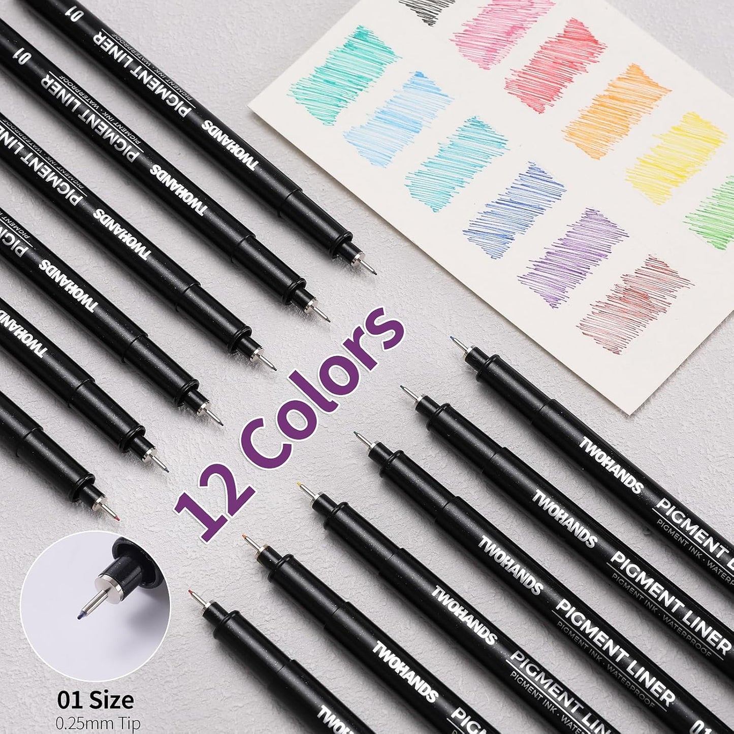 TWOHANDS Micro Pens 01,Art Pens,Fineliner Ink Pens,Set of 12 Technical Drawing pen,Pigment Pen,Fine Point,colord,Waterproof,for Art Watercolor,Sketching,Anime,Manga, 21281