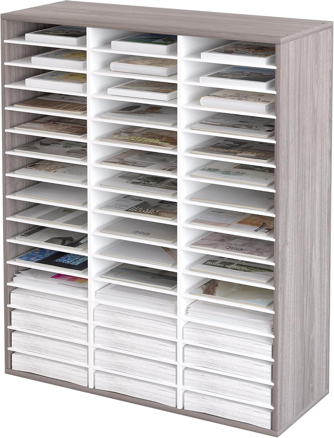 EasyPAG Mail Organizer Countertop, Wood Literature Organizer with Adjustable Shelves, Student Classroom Mailbox for School, Desktop Paper Sorter for Office Home, 48 Compartments, Retro Gray/White