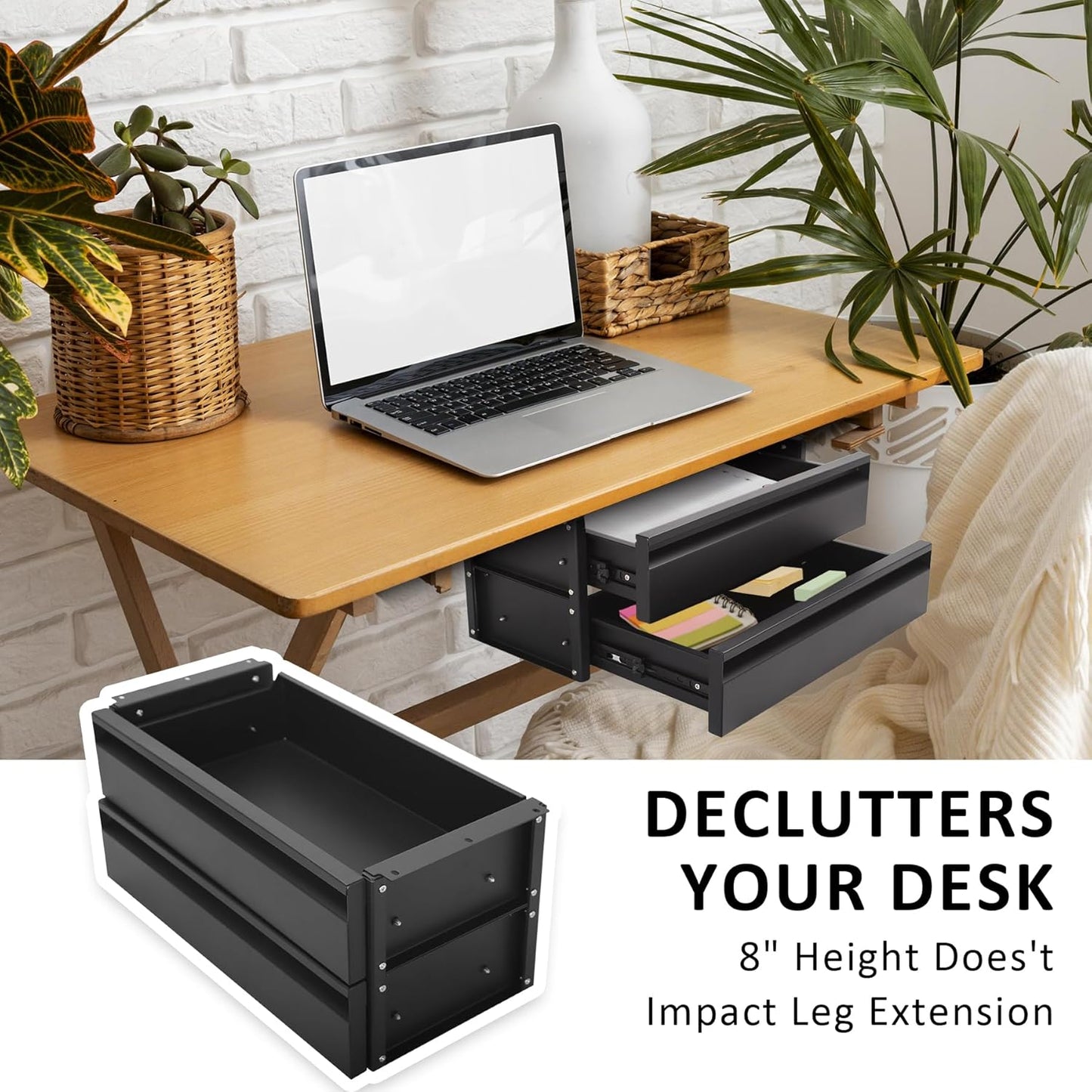 POPMOON Under Desk Drawer,Adjustable Height 15in Drawer Pull out for Desks Carbon Steel Hidden Drawers