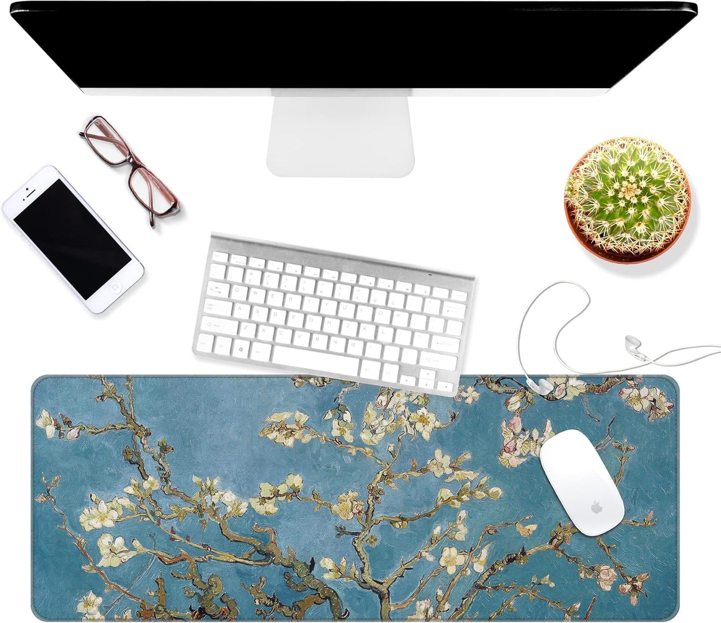 Dynippy Thin Extended Gaming Mouse Pad （31.5 * 11.8 * 0.08 inch） with Stitched Edges Large Mousepad Long XXL Keyboard and Mouse pad Desk Mat for Gaming Office & Home - Almond Blossom