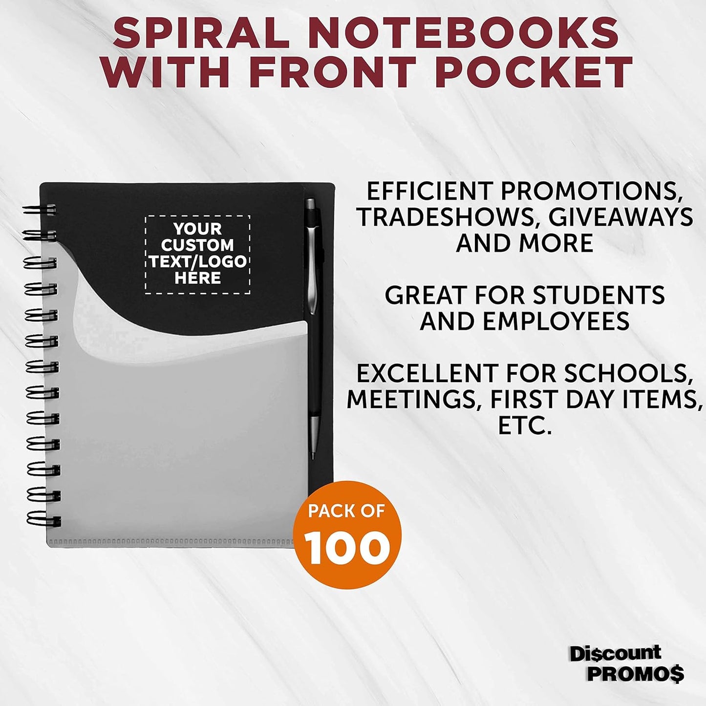 DISCOUNT PROMOS Custom Spiral Notebooks with Front Pocket Set of 100, Personalized Bulk Pack - Durable Plastic Cover, Includes Matching Pen in Blank Ink, Perfect for School, Office, Home - Black