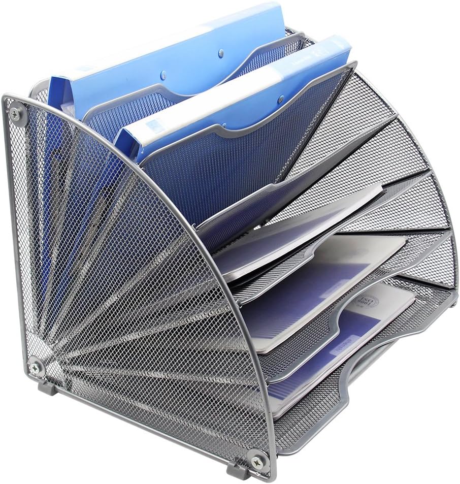 EasyPAG Desk File Organizer, 6-Section Vertical File Folder Holder Stand, Fan-Shaped Metal Rack File Sorter for Office Classroom Desktop Organization, Silver