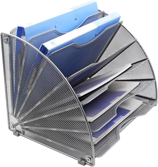 EasyPAG Desk File Organizer, 6-Section Vertical File Folder Holder Stand, Fan-Shaped Metal Rack File Sorter for Office Classroom Desktop Organization, Silver