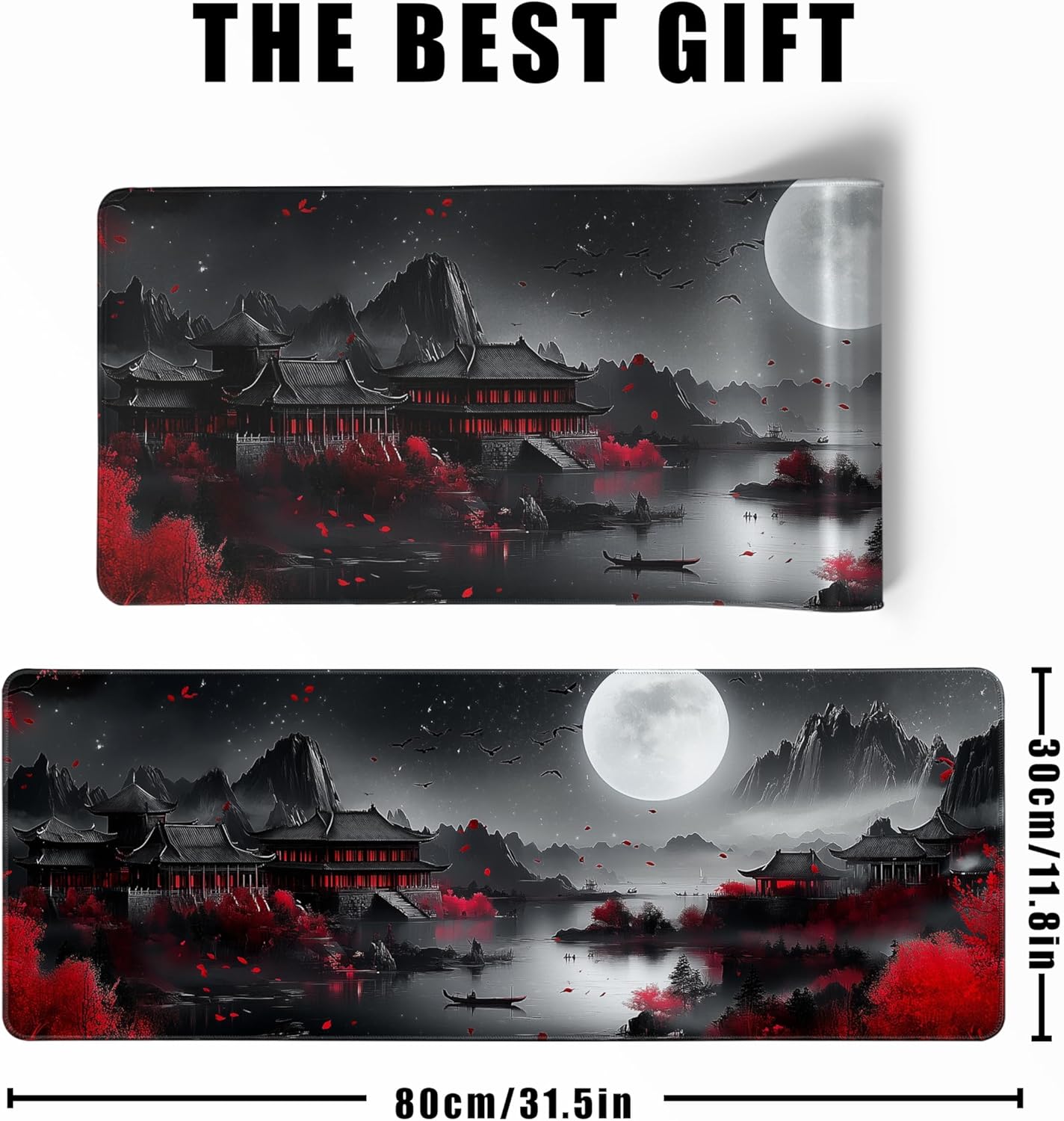 Japanese Desk Mat Riverside Full Moon Large Mouse Pad Gaming Mousepad Extended XL Keyboard Mat Computer Laptop Mouse Desktop Mat 31.5 X 11.8 Desk Decor