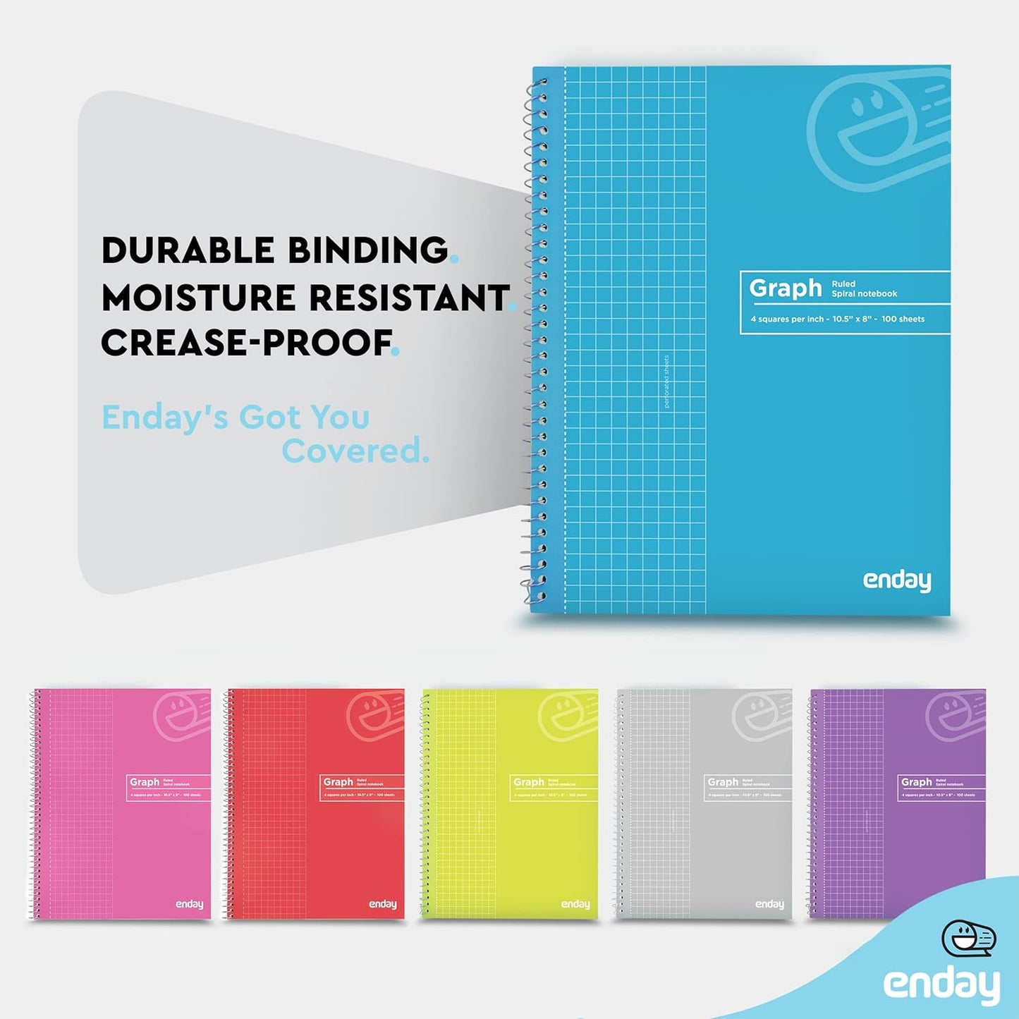 Graph Paper Notebook (8 Pack) Grid Notebook, Graph paper spiral notebook, Graph notebook, 4 Squares per inch Grid paper notebook, White Paper Quad Ruled Spiral Assorted Colors - by Enday
